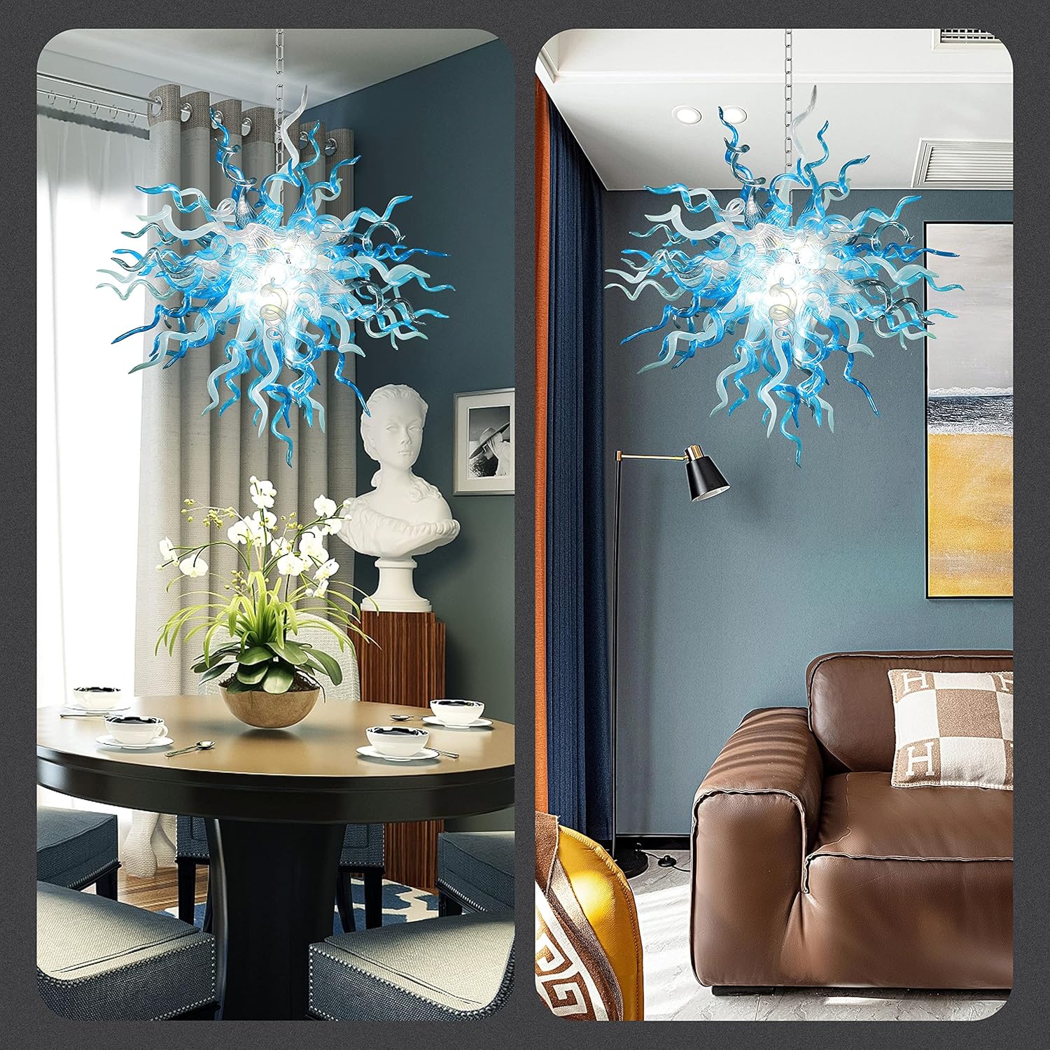 Hand Blown Glass Art Chandelier Blue Gray and White Hanging Decor Ceiling Diam 32" Light Fixture for Stairway Lobby Foyer Entryway Bathroom