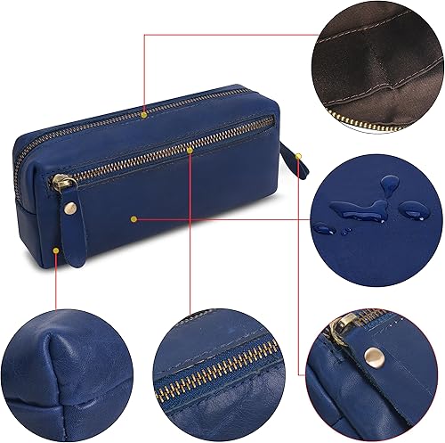 Miniatura 3 de WONDERPOOL Estuche para bolígrafos de cuero real, soporte para rotuladores, bolsa de gran capacidad con bolsillo lateral con cremallera para