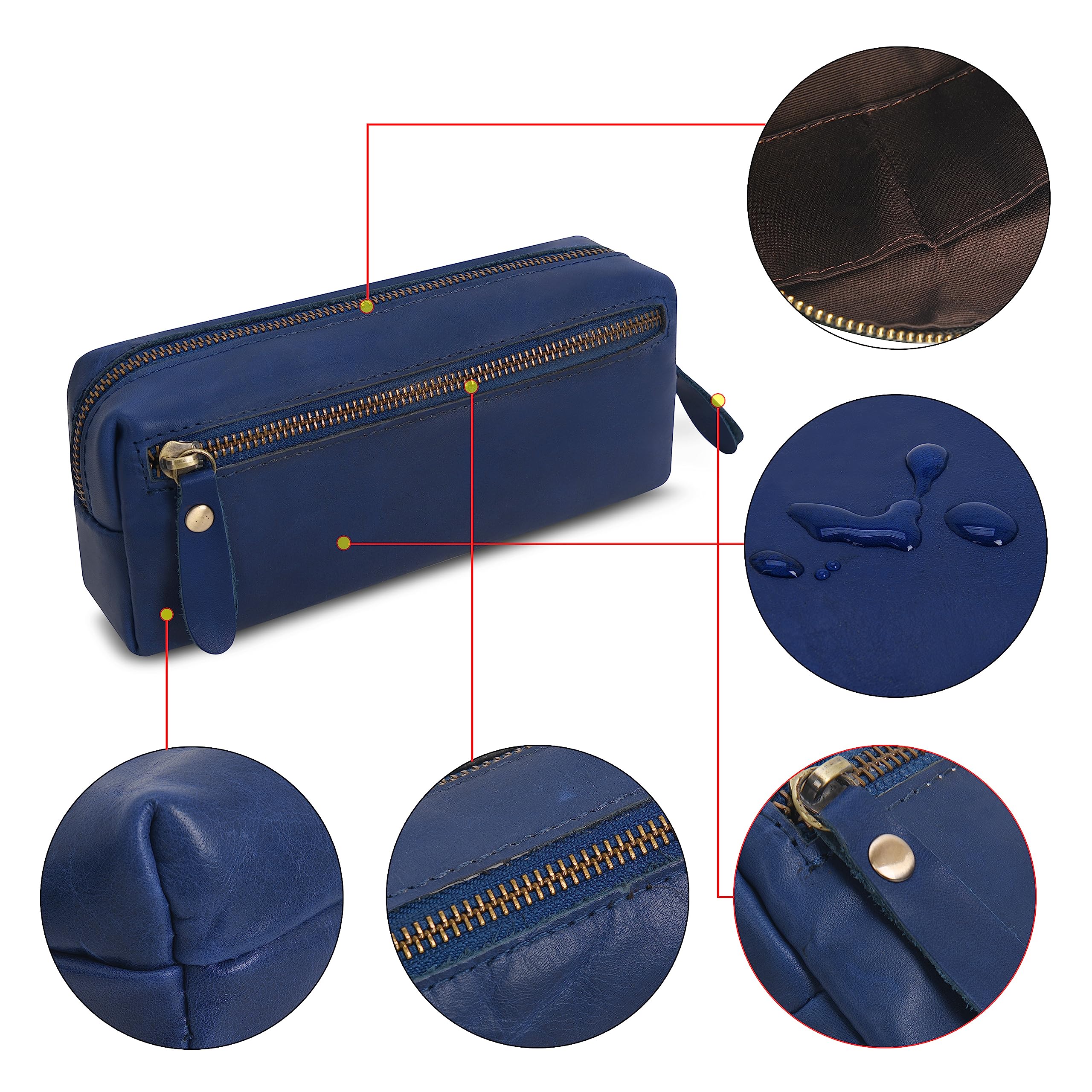 Wonderpool Pen Case Real Leather Pencil Pouch Markers Holder Big Capacity Bag with Side Zippered Pocket Sleeve for Stationery Makeup Utensils Organizer (Blue) - Image 3