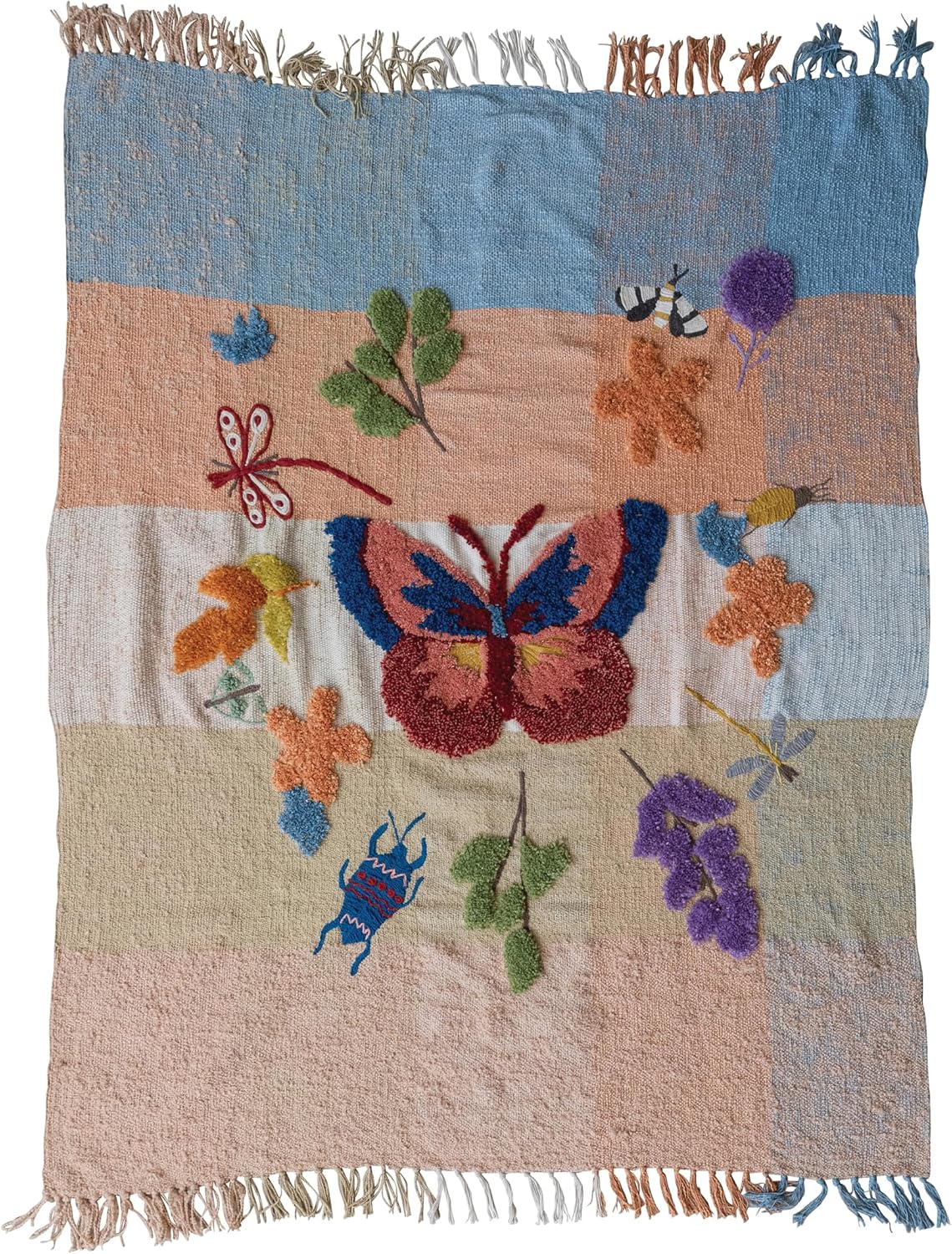 Creative Co-Op Woven Fabric Plaid Throw with Tufting, Embroidery, Flowers and Insects, Multicolor
