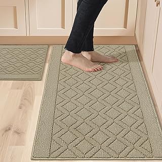 COSY HOMEER 48x20/30X20Inch Kitchen Rug Mats Non-Slip Washable,Beige | Stain Resistant Kitchen Mats for Floor,Absorbent Anti Slippery Washable Kitchen Runner Rug for Sink,Polypropylene,2 Piece