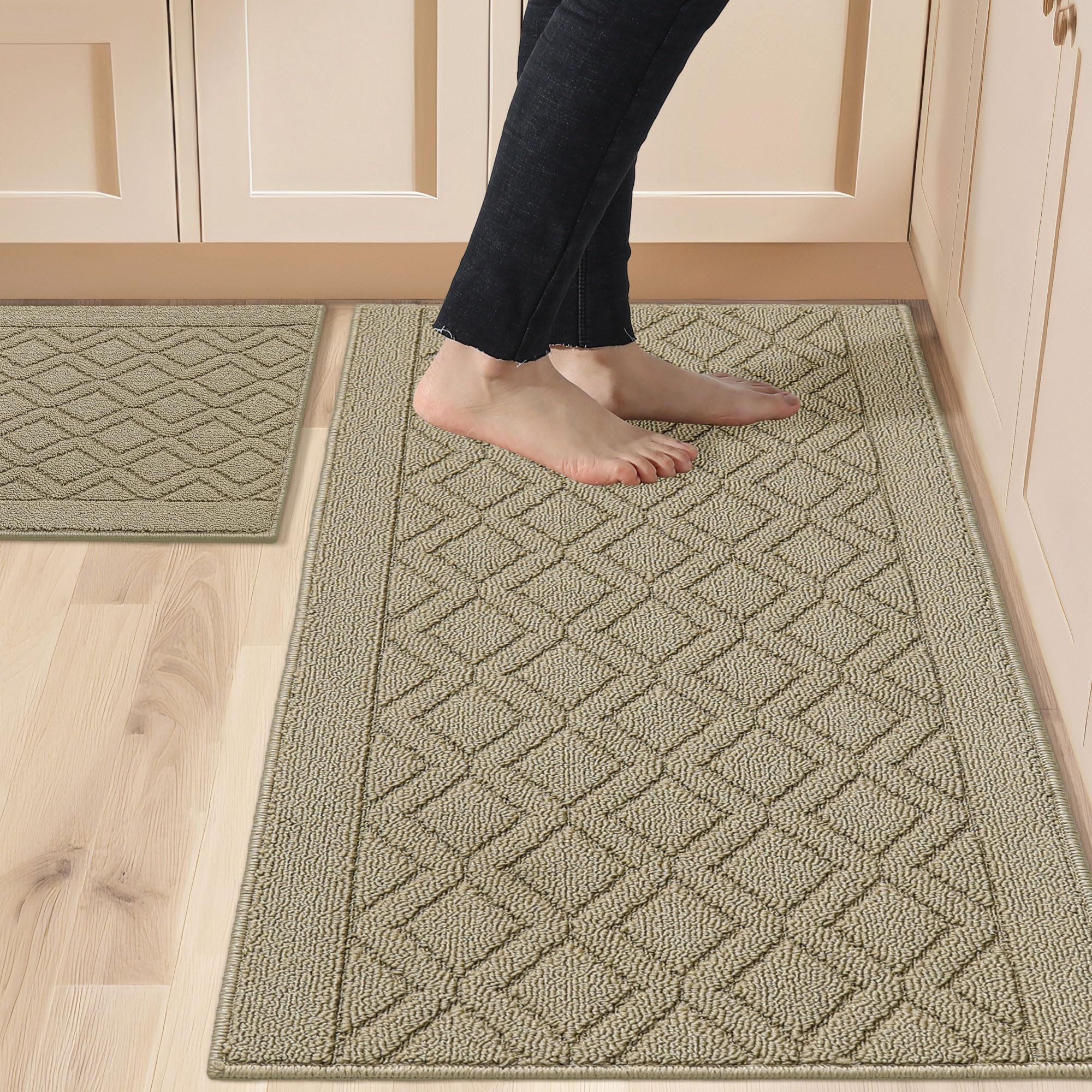 COSY HOMEER 48x20 Inch/30X20 Inch Kitchen Rug Mats Made of 100% Polypropylene 2 Pieces Soft Kitchen Mat Specialized in Anti Slippery and Machine Washable for Home Kitchen,Beige