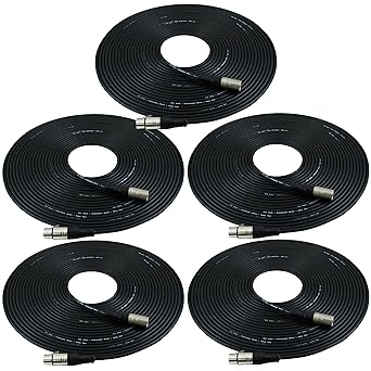 GLS Audio 50ft Mic Cable Patch Cords - XLR Male to XLR Female Black Microphone Cables - 50' Balanced Mike Snake Cord - 5 PACK
