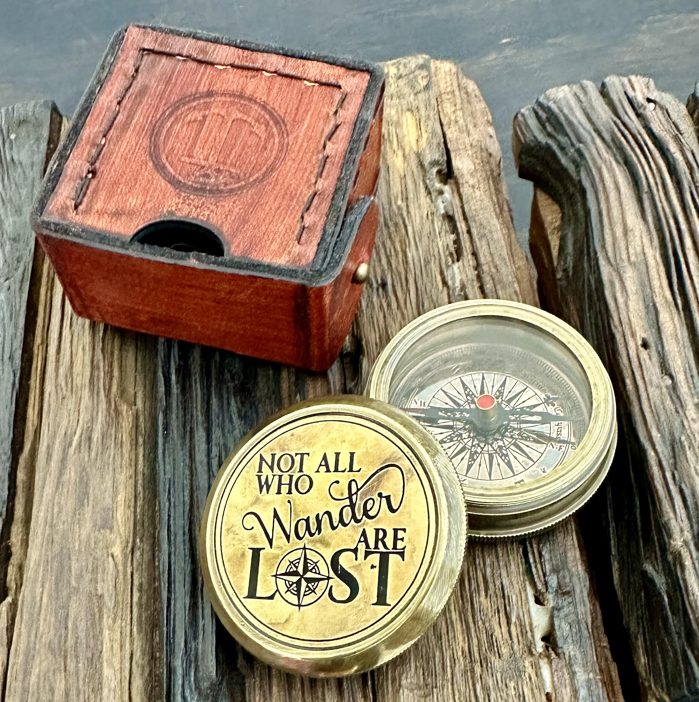 Not ALL WHO Wander are LOST Engraved Compass - Brass Gift Compass - gift for men - 2024 Graduation day gift - Birthday, Vintage Brass Pocket Compass with Leather Box