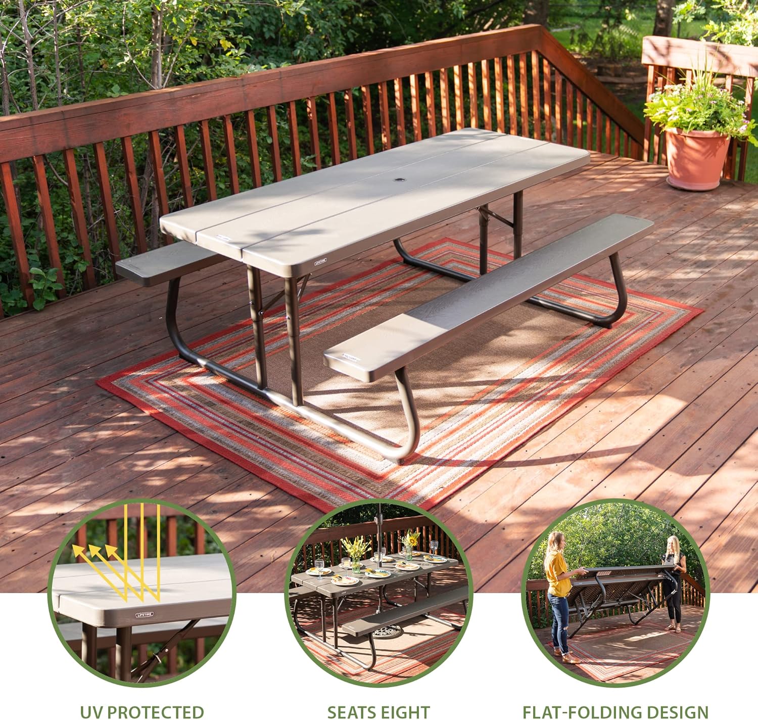 LIFETIME 6‑Foot Classic Folding Picnic Table, UV Protected Tabletop, Steel Frame, Seats 8, Weather & Rust Resistant, Flat Folding Outdoor Picnic Table with Umbrella Hole