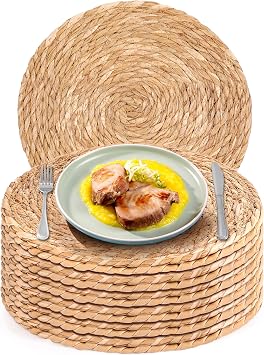 Round Woven Placemats Set of 12,12 Inch Natural Rattan Placemats Hand-Woven Water Hyacinth Placemat Farmhouse Rustic Braided Boho Wicker Table Mats for Christmas Dining Table Wedding Home 12 Inch
