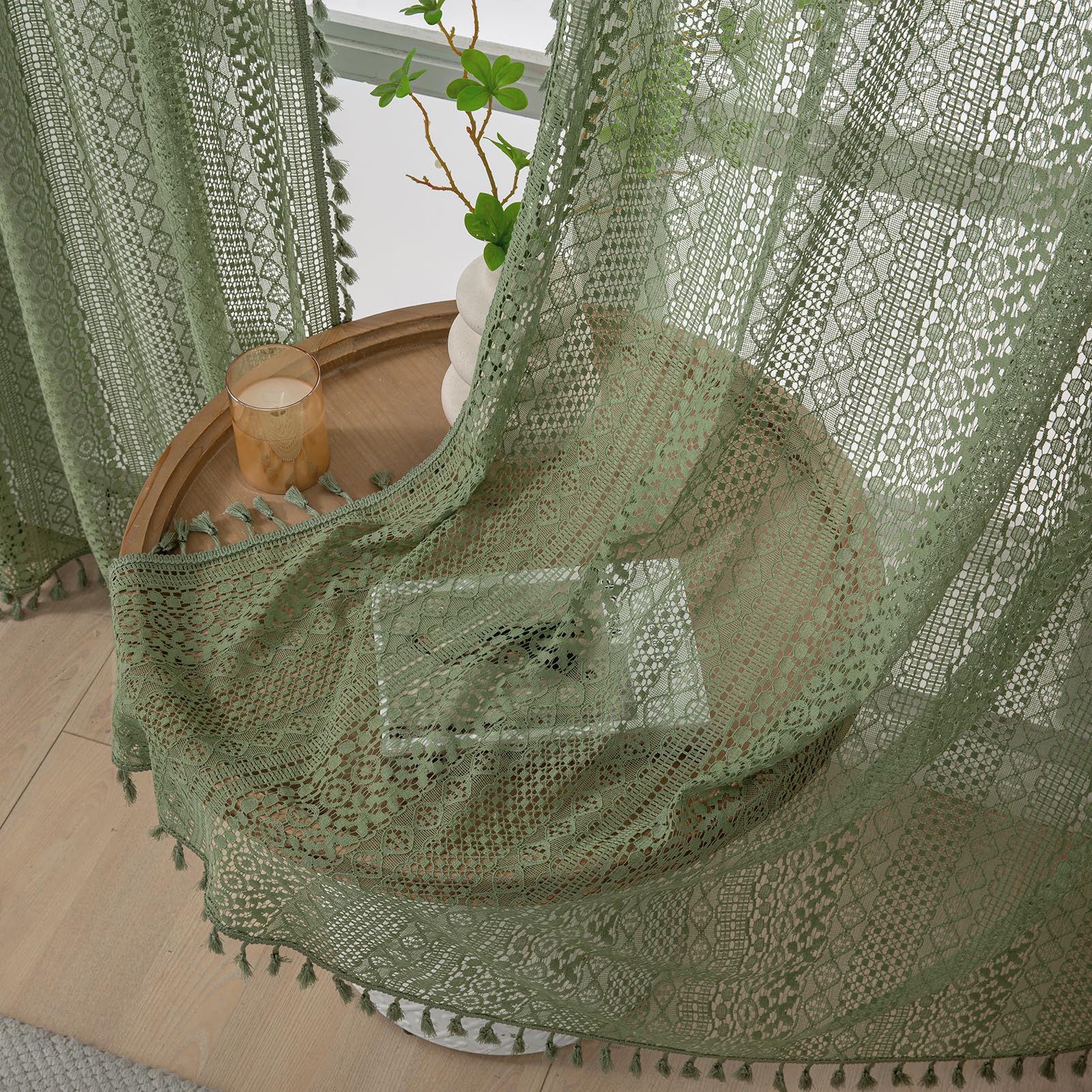 WAZZIO Rideaux Oliver Vert, 160 cm de long, Boho, dentelle translucide, ensemble de 2 panneaux, passe-tringle, filtration de lumière au crochet rétro pour salon, chambre à coucher, traitement de