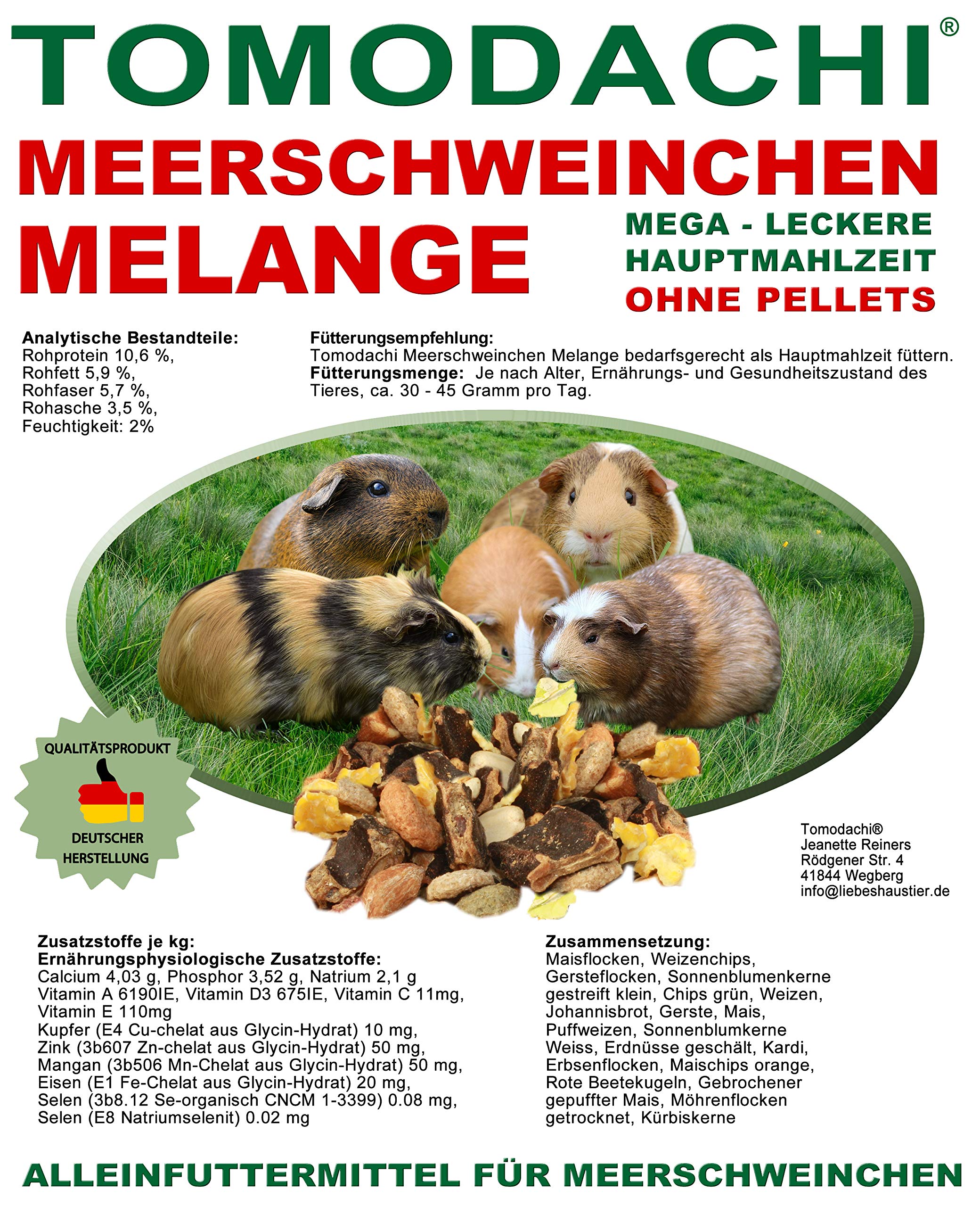 Tomodachi Meerschweinchenfutter pelletfrei Hauptmahlzeit Gemüsemix Alleinfutter Müsli Meerschwein Möhrenflocken Erbsenflocken Getreide Nüsse Kräuter 15kg