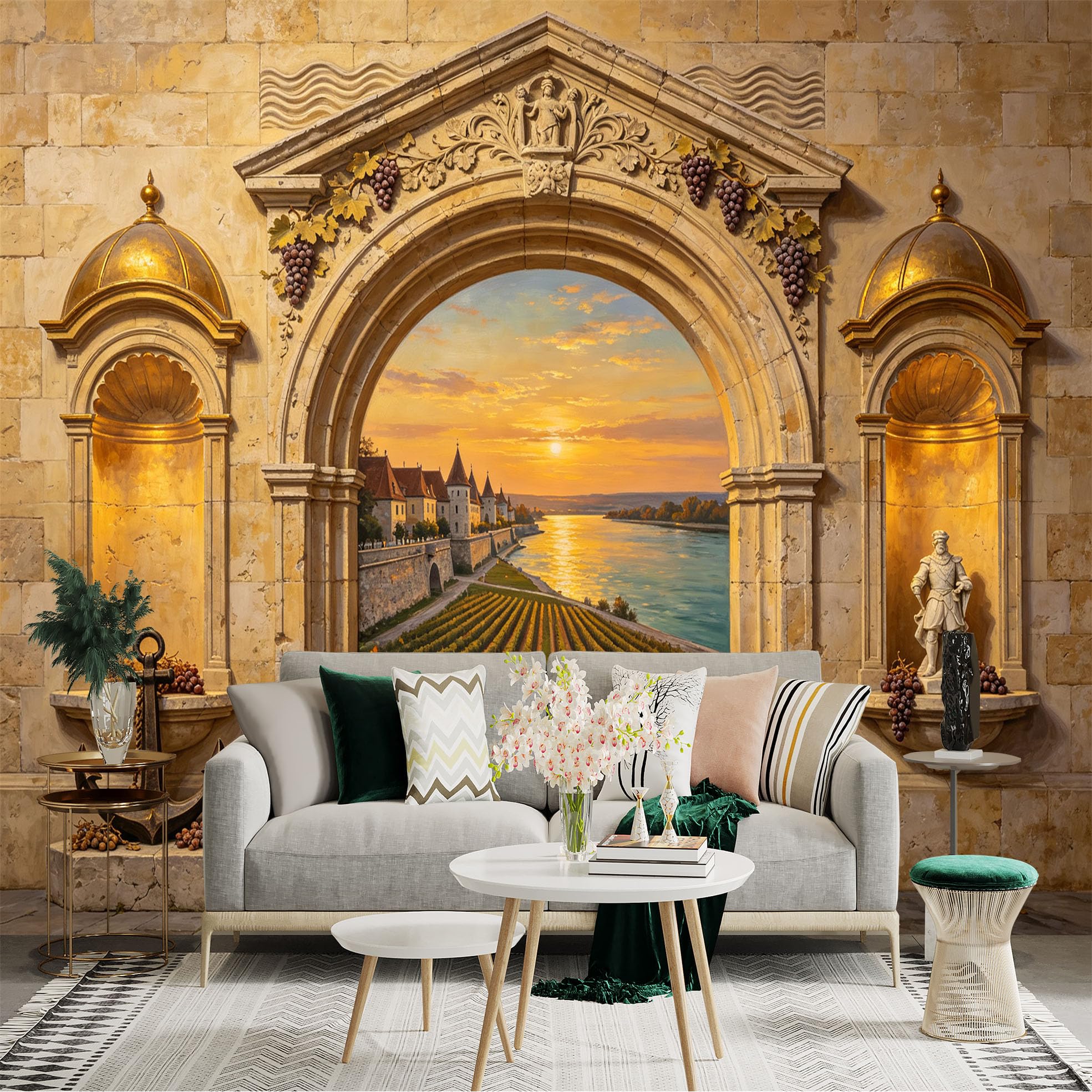 Custom Size Wall Sticker Mural， Stone Arch Vineyard Sunset Riverside Landscape， for wall Decoration， peelandstick wall Decals.