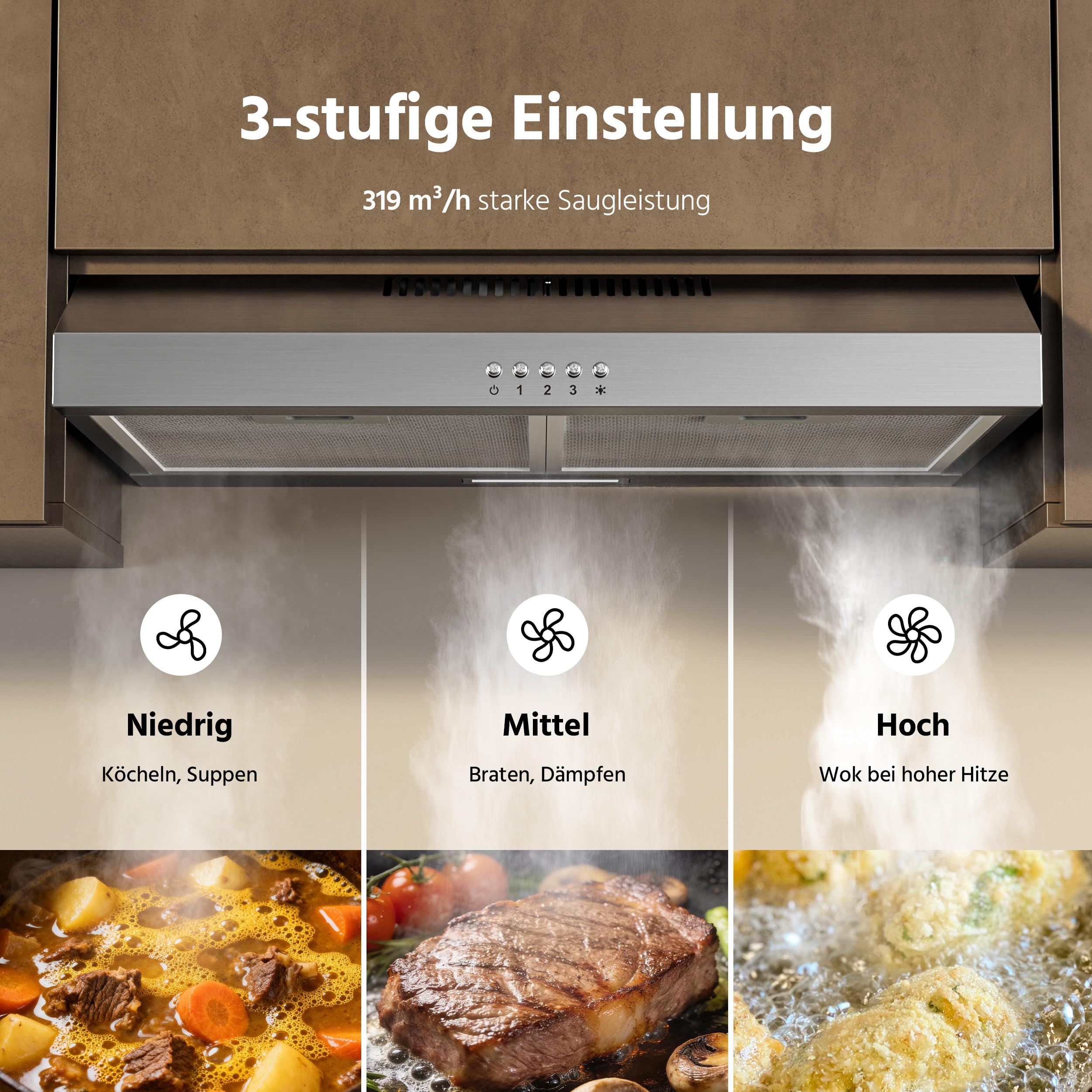 FIREGAS Unterbau Dunstabzugshaube 60 cm Edelstahl, 319 m³/h, Energieeffizienzklasse A++, bürstenloser Motor, Umluft & Abluft, 3 Leistungsstufen, leise, 2W LED, inkl.2 Aktivkohlefilter