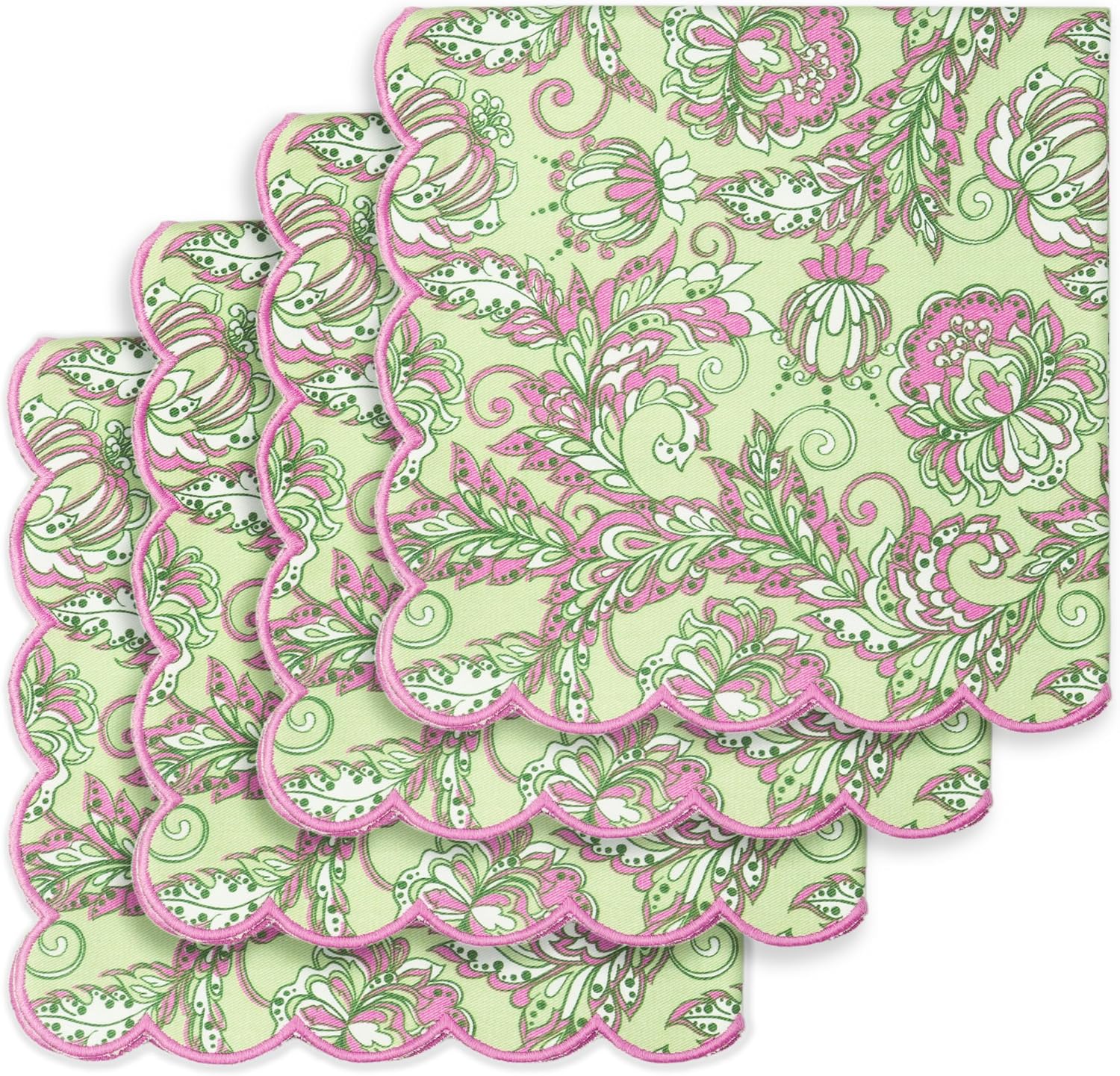 PurpleEssences Scalloped Embroidery Kalamkari Cloth Napkins - Spring Easter Summer - Table Decor - 100% Cotton - Set of 4-18x18 inch - Sage Green Edges - Blush Pink