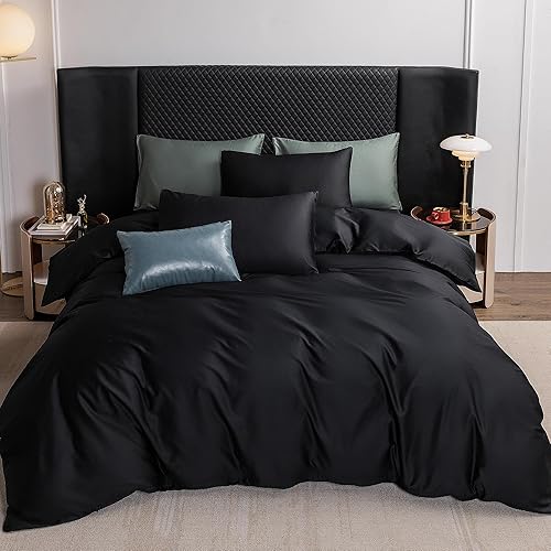 Miniatura 7 de MooMee Juego de funda de edredón de algodón de fibra extralarga, 600 hilos, satén sedoso, suave, cómodo, duradero, negro, tamaño King