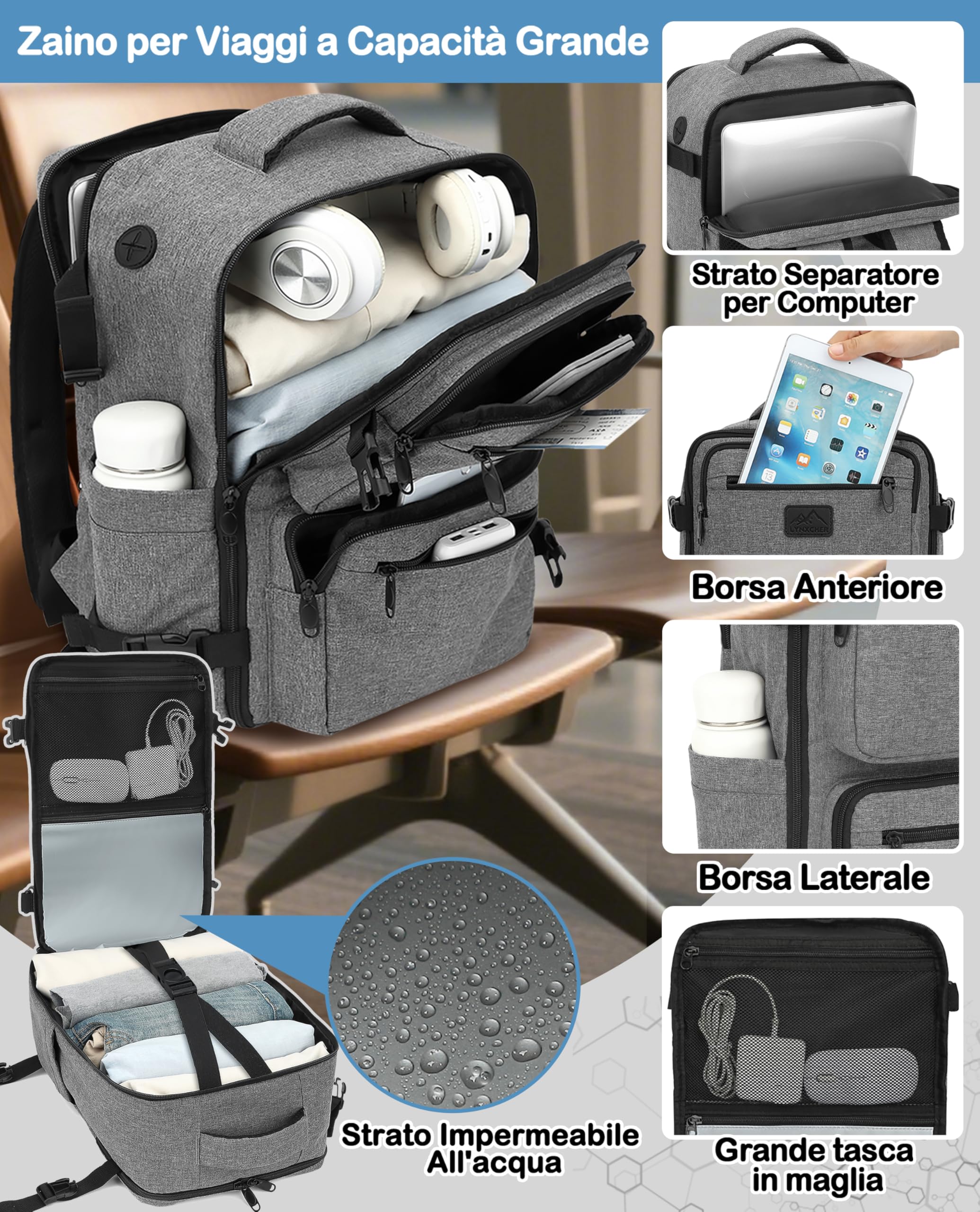 LYNXCHER Zaino da Viaggio Easyjet 45x36x20 Bagaglio a Mano Aereo 30L Borsa da Cabina per Uomo e Donna per Laptop da 15.6 Pollici Grigio