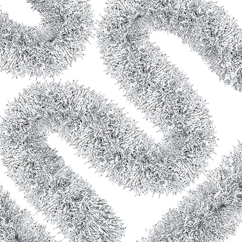 Miniatura 8 de Guirnalda de árbol de Navidad de 50 pies con puntas brillantes de escarcha, guirnalda de oropel metálica nevada, serpentinas brillantes para árbol