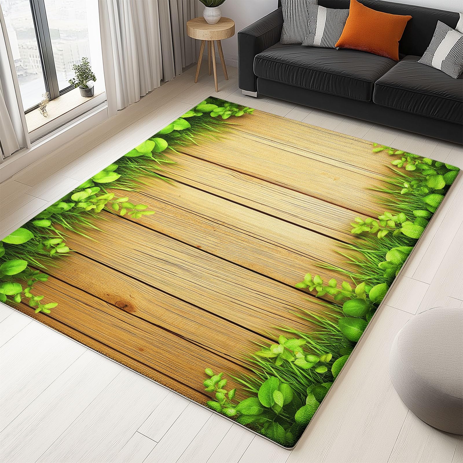 Dywan do salonu, 100 x 160 cm, tekstura drewna w stylu used look, antypoślizgowy, nadaje się do prania, zielona trawa i liście, miękki bieżnik do sypialni, bieżnik z krótkim włosiem, do salonu, pokoju