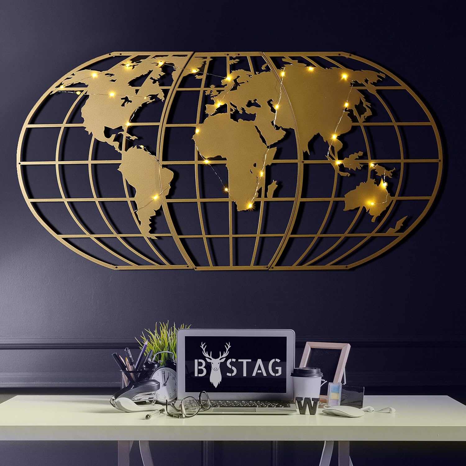 Tubibu Modern Wall Art, 100% Metal - Metalic WORLD MAP GLOBE, Size (23.6" x 47.2") - Wall Hanging for Living Room, Bedroom, Dorm (Gold)