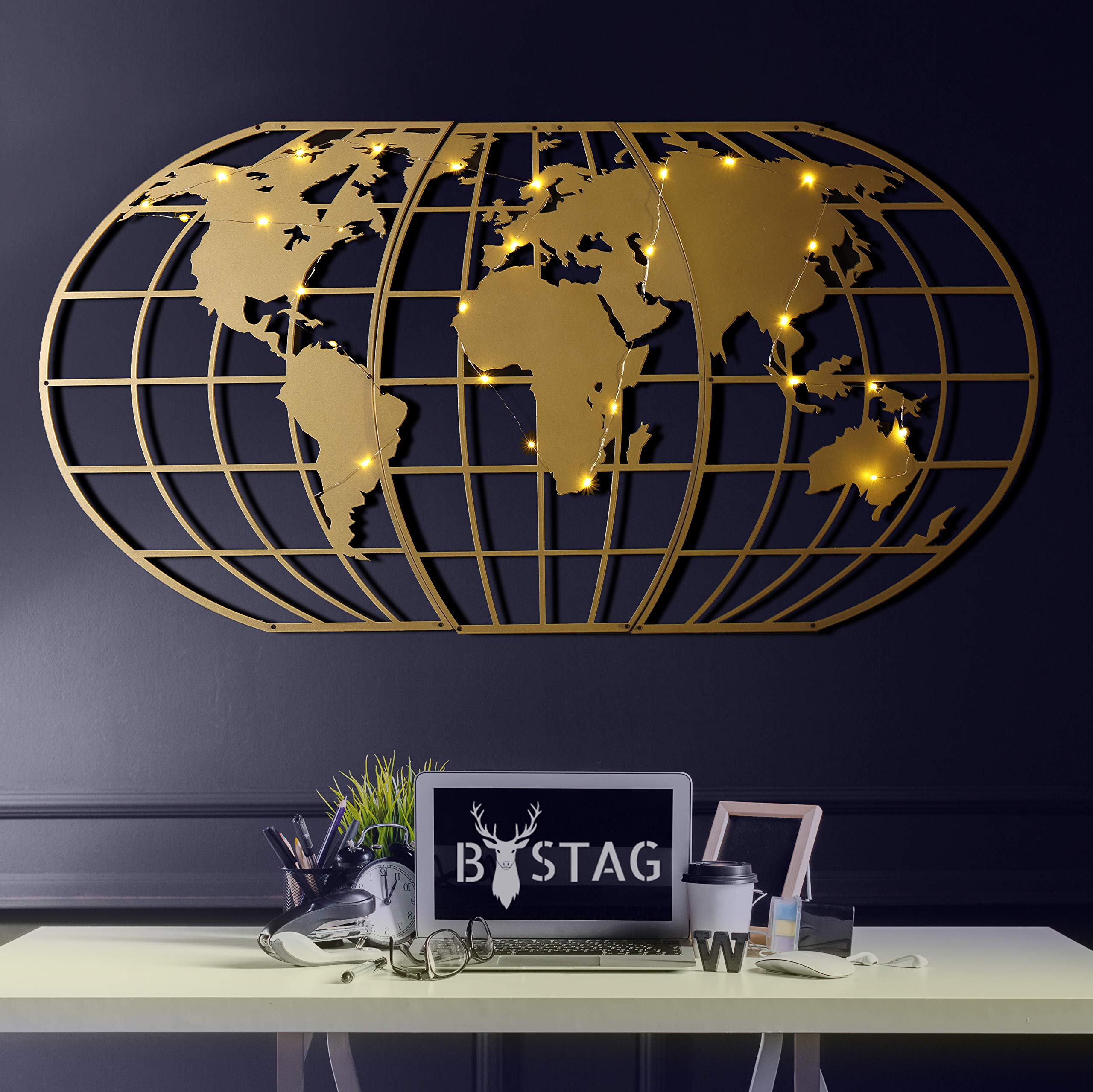 Tubibu Arte de pared moderno, 100 % metal, globo metálico de mapa del mundo, tamaño 23.6 x 47.2 pulgadas, colgante para sala de estar y dormitorio (dorado)