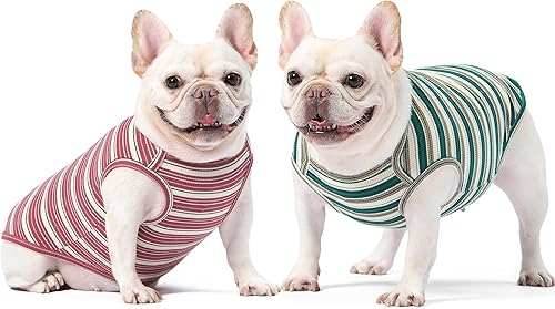 Miniatura 6 de Camisas para perros, chaleco de algodón a rayas, ropa elástica sin mangas para perros pequeños, paquete de 2 camisetas suaves y transpirables para