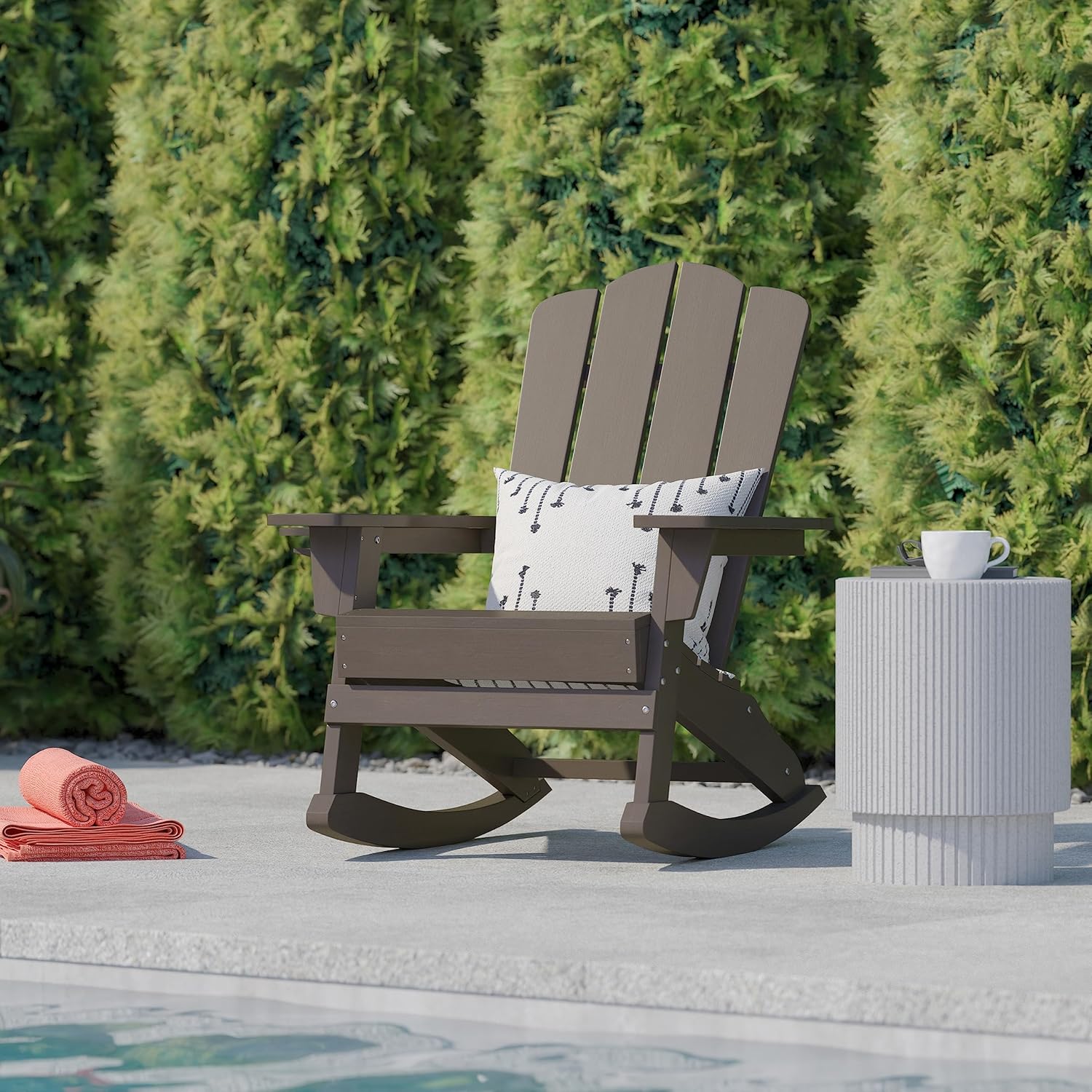 Flash Furniture Newport Adirondack Rocking Chair with Cup Holder, Weather Resistant Poly Resin Adirondack Rocking Chair, Brown