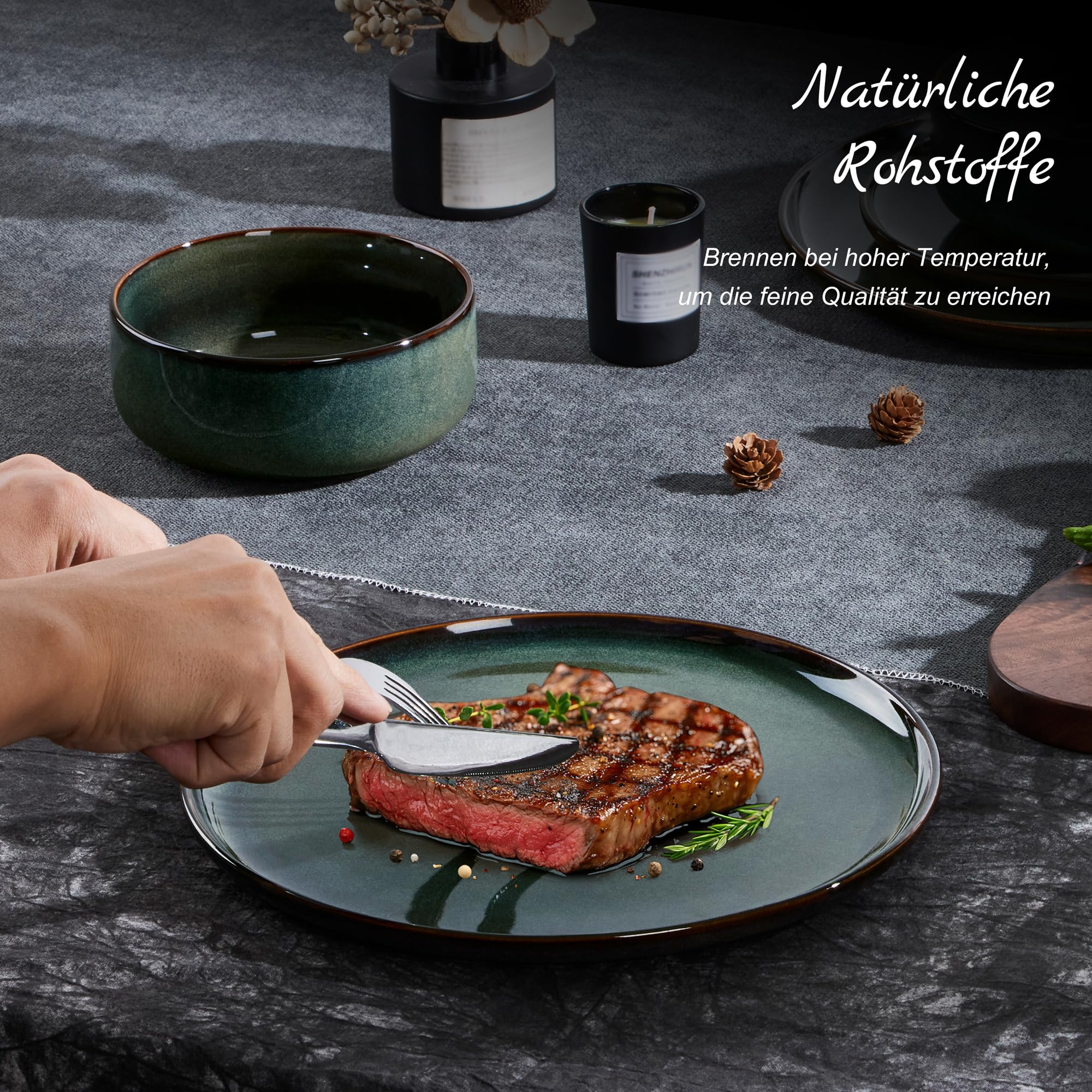 Homikit Juego de vajilla para 6 personas, 18 piezas, de gres, esmalte reactivo, con plato llano, plato de postre, cuencos de cereales, microondas y lavavajillas, color verde