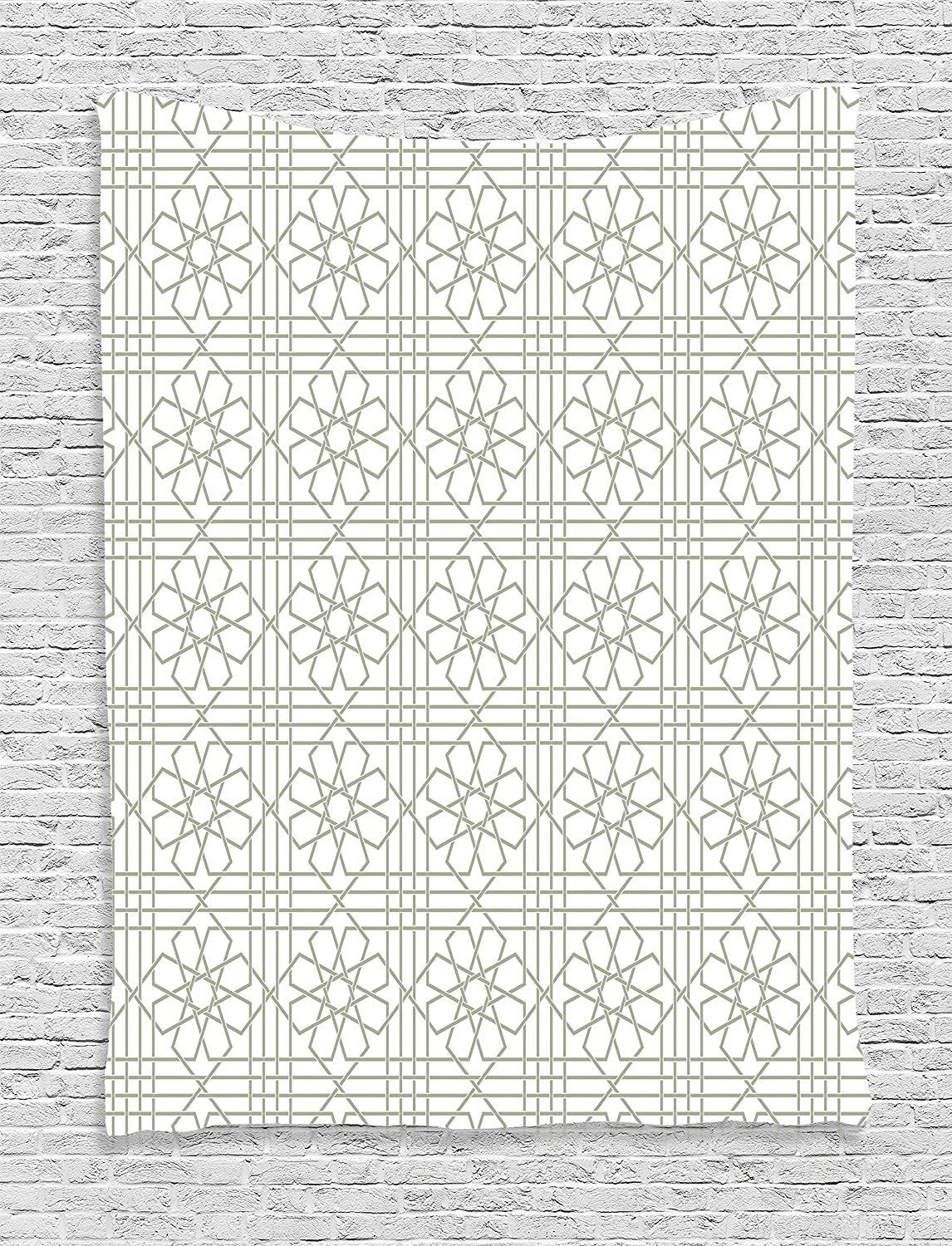 XHFITCLtd Grey Decor Tapestry, Arabesque Pattern Mosaic Tiles with Moroccan Floral Traditional Symmetric Artwork, Wall Hanging for Bedroom Living Room Dorm, 60 W x 80 L Inches, White