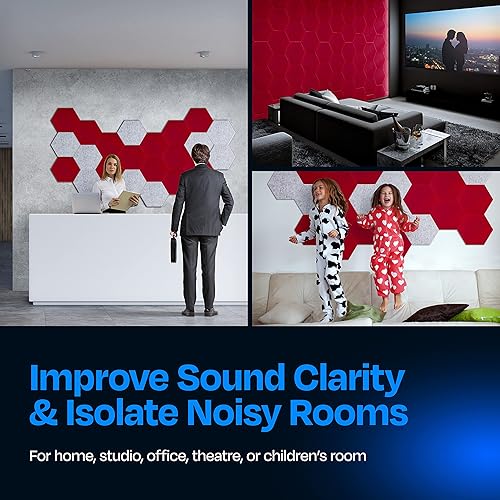 Miniatura 4 de Ekkogo - Paneles insonorizantes de alta densidad para pared, forma hexagonal, paquete de 12 unidades de 14" x 12.1" x 0.4", color rojo caramelo