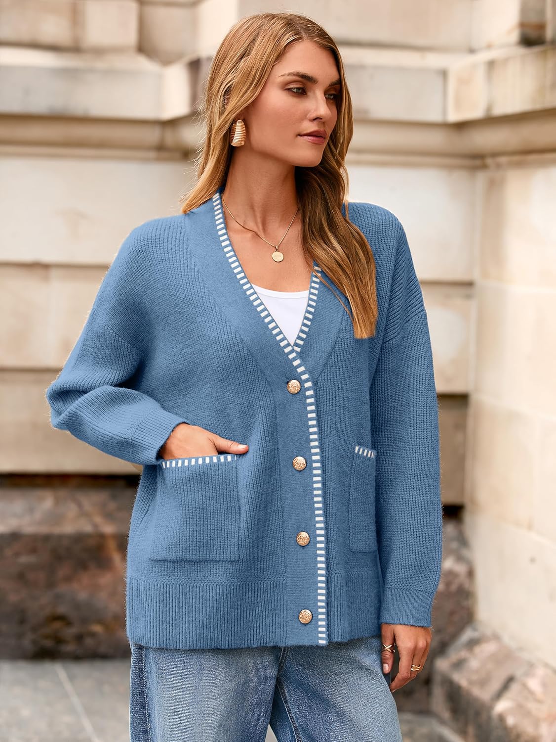 Simplee Womens Chunky Oversized Crochet Cardigan Long Sleeve Cable Knit Sweater Casual V-Neck Button Up Outerwear Coats - Image 3