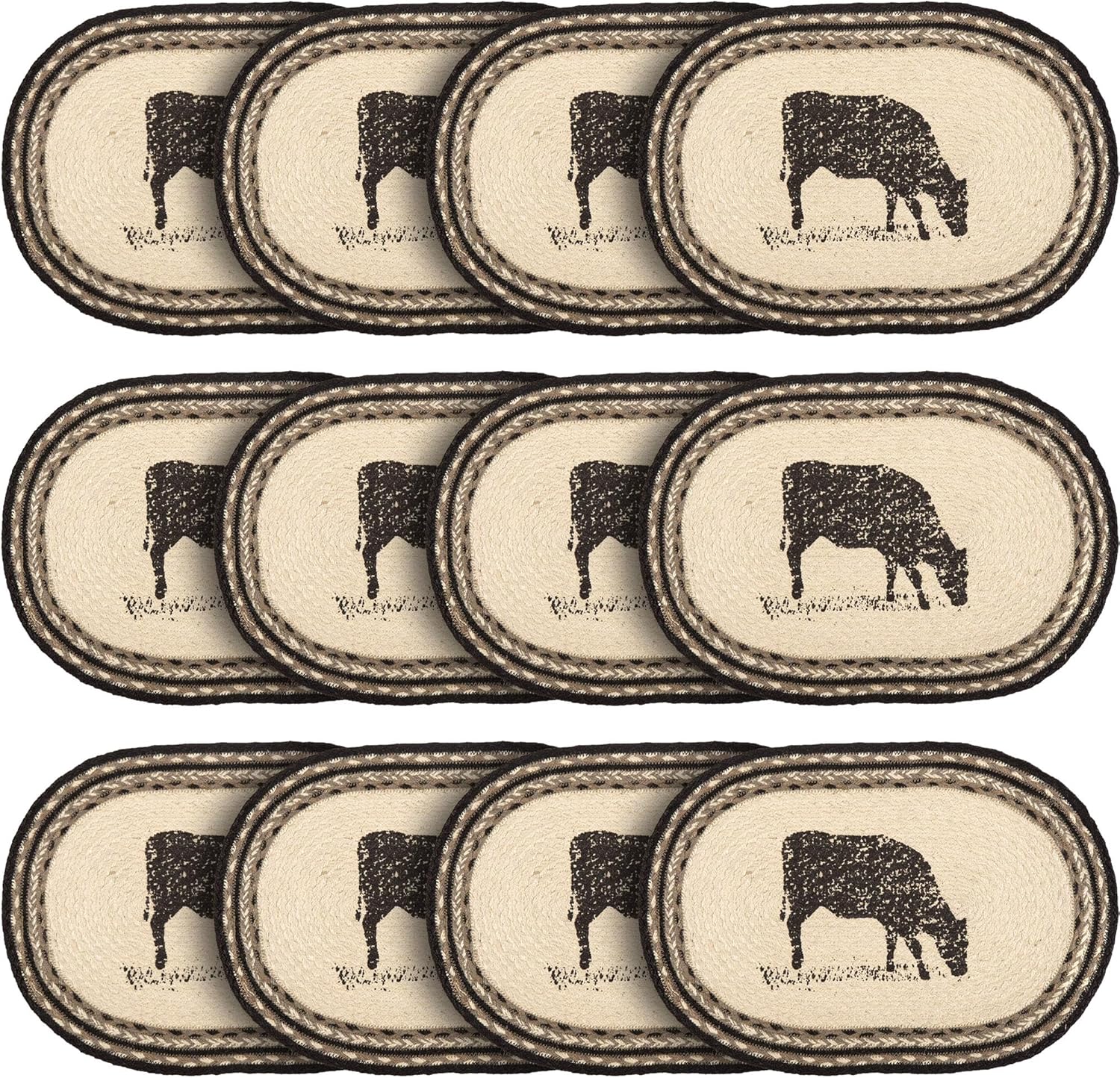VHC Brands Placemats Sawyer Mill Charcoal Jute Farmhouse 12x18 Set of 6 Cow, 12 Pack