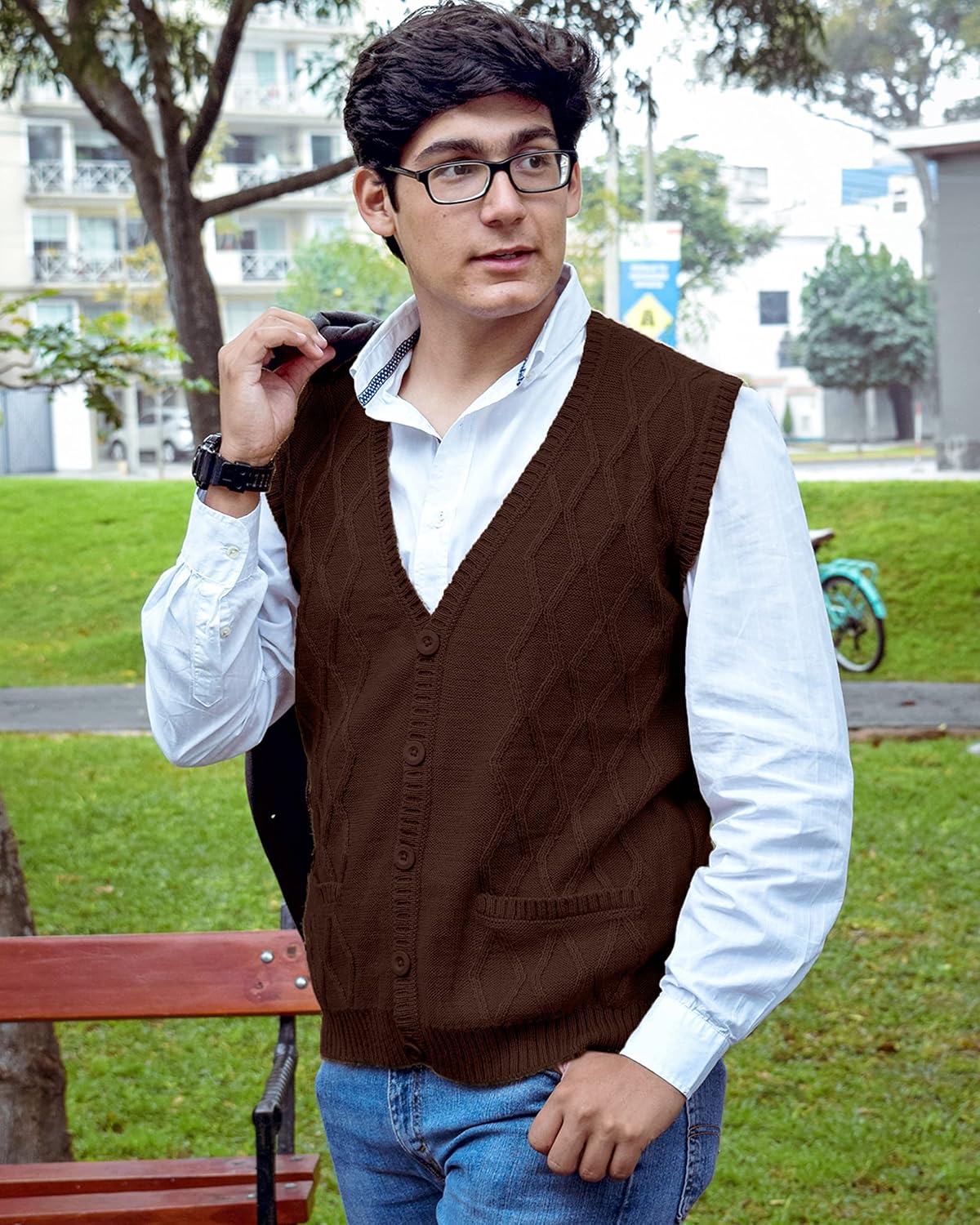 TINKUY Peru Men’s Alpaca Wool V Neck Argyle Cardigan Vest, S-4XL - Image 2