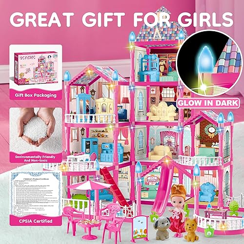 Miniatura 2 de Casa de muñecas para niñas, 10 habitaciones, casa de muñecas rosa con figura de muñecas, cachorros, muebles, accesorios, luz LED, casa de juegos