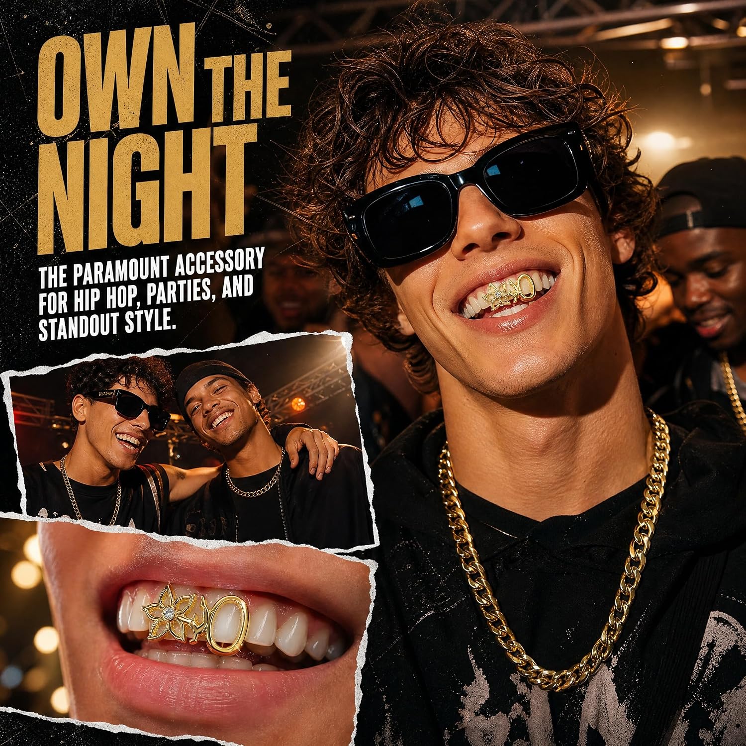 Gold Grillz, Hollow Zircon Teeth Jewelry, Adjustable Fit Premium Copper, Flower Star Design Vacuum Electroplating, Hip Hop Costume Accessories For Men Women
