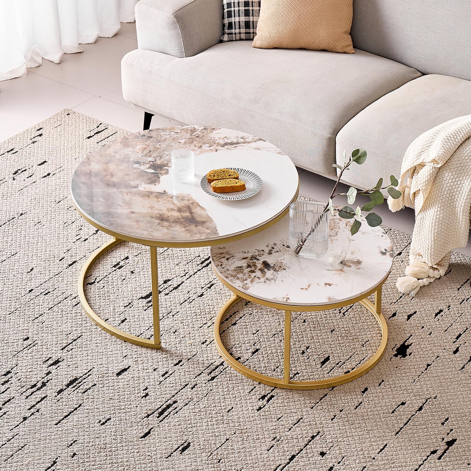 GrandCA HOME Tables Basses Rondes gigognes, Lot de 2 avec Cadre en métal doré pour Salon Moderne, 60 cm et 80 cm Tables d'appoint Pandora en Pierre frittée