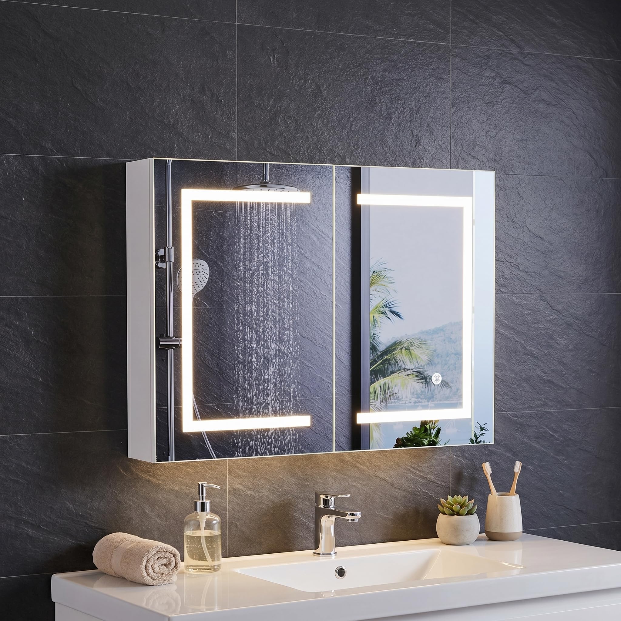 Armario con espejo para baño con iluminación, 80 x 13,5 x 60 cm, 2 puertas, armario de baño con espejo con iluminación y estante, 3 colores de luz regulables y almacenamiento de 3 niveles