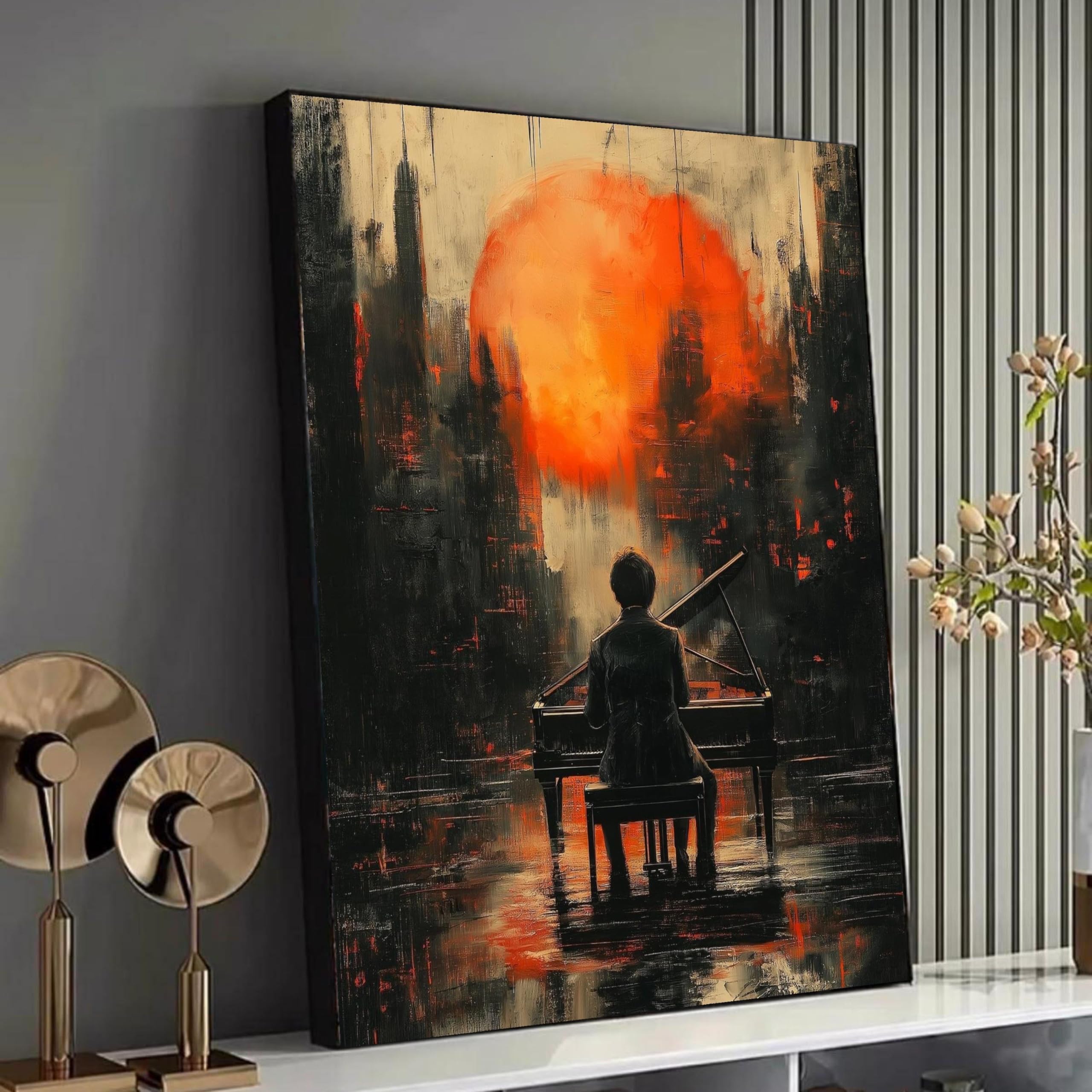 XINBAO Pianista płótno sztuka muzyczna pomarańczowy brokat sztuka ścienna malarstwo współczesne plakaty artystyczne do dekoracji wnętrz (60x90 cm/bez ramki)