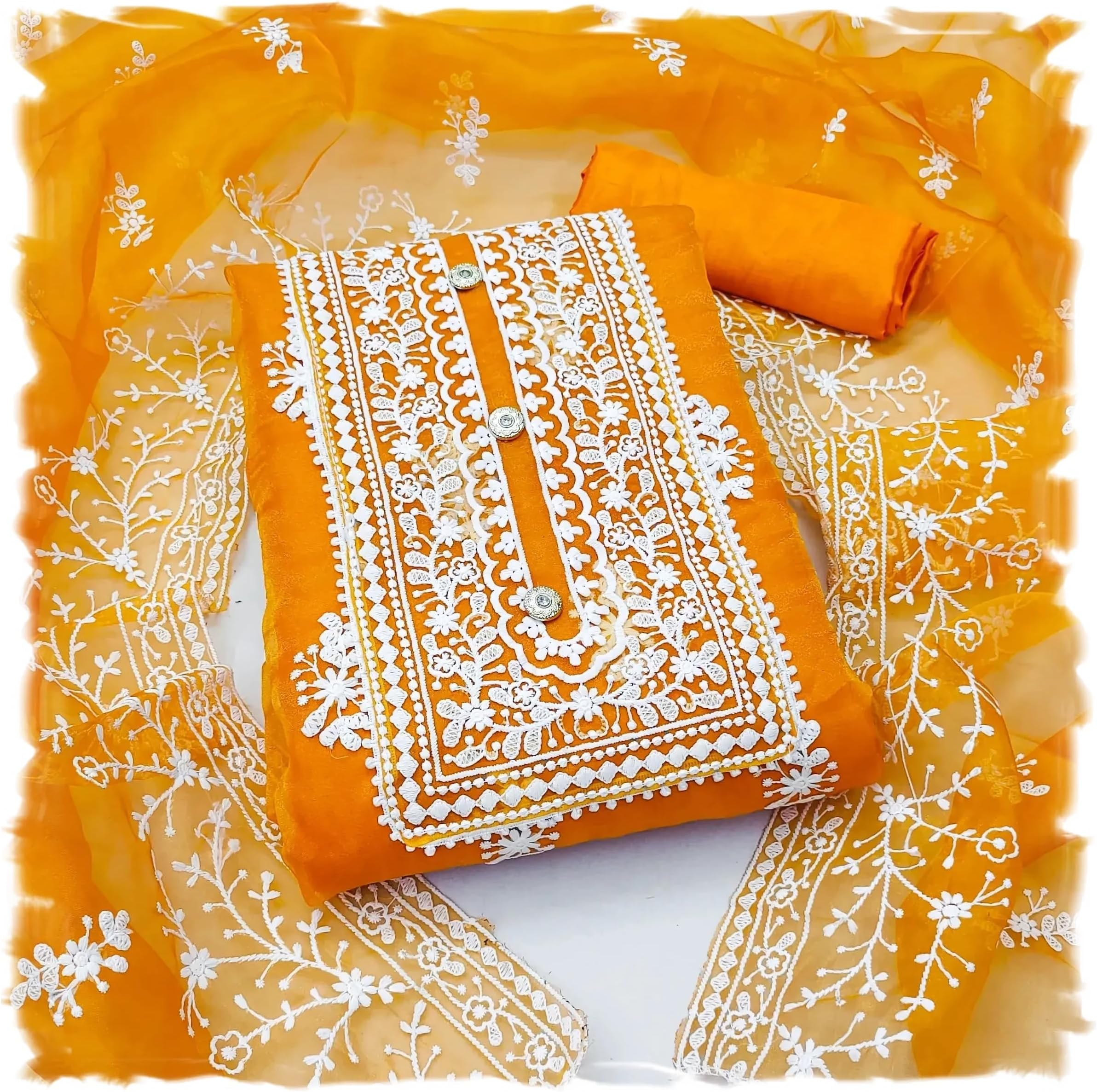 Sidhidata Women's Organza Embroidered Unstitched Salwar Suit Dress Material With Embroidery Work Dupatta (DM HumTum_Free Size), Gold, Free Size