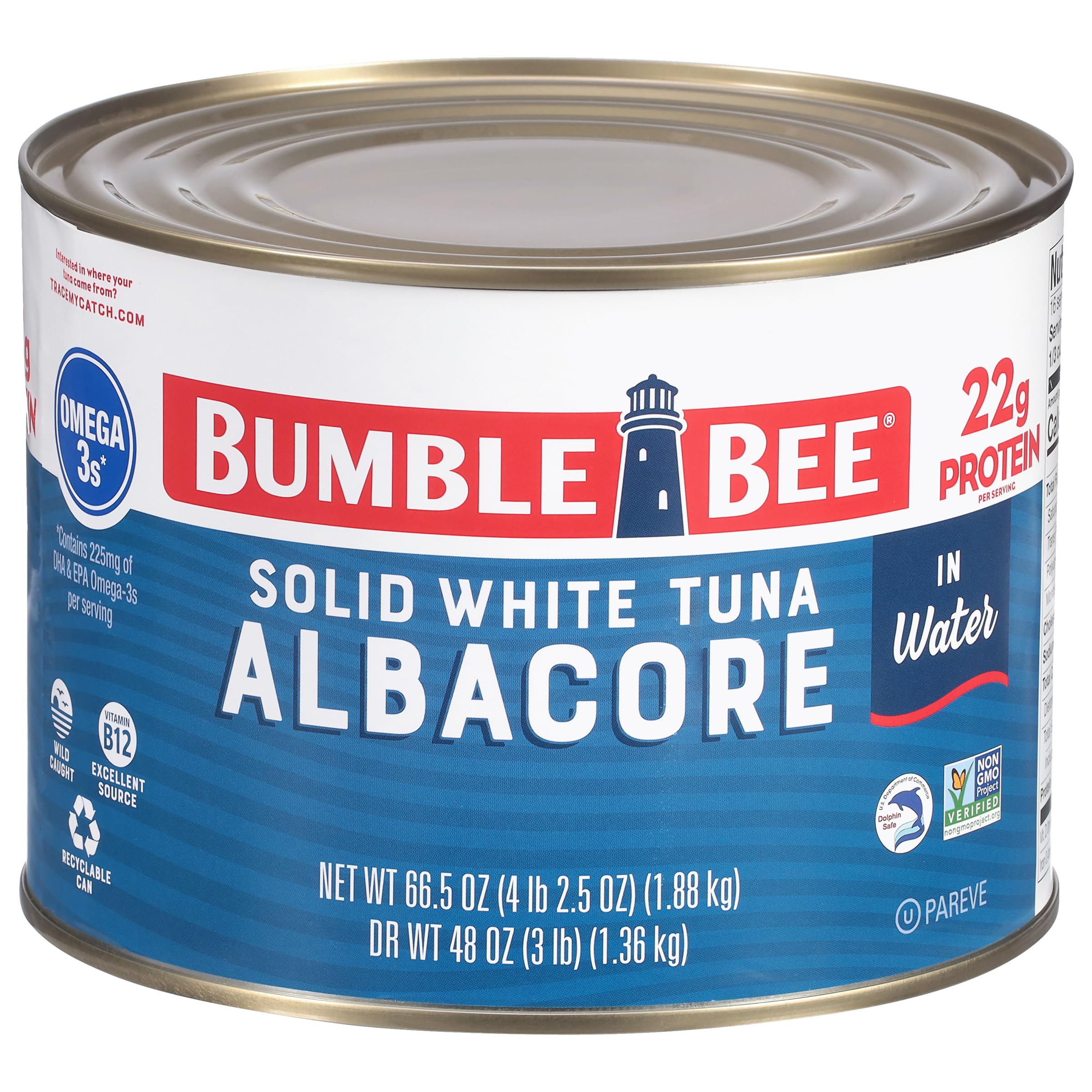 Bumble Bee Solid White Albacore Tuna in Water, 66.5 oz Bulk Food Service Can - Wild Caught Tuna - 21g Protein per Serving, High in Omega-3s - Non-GMO
