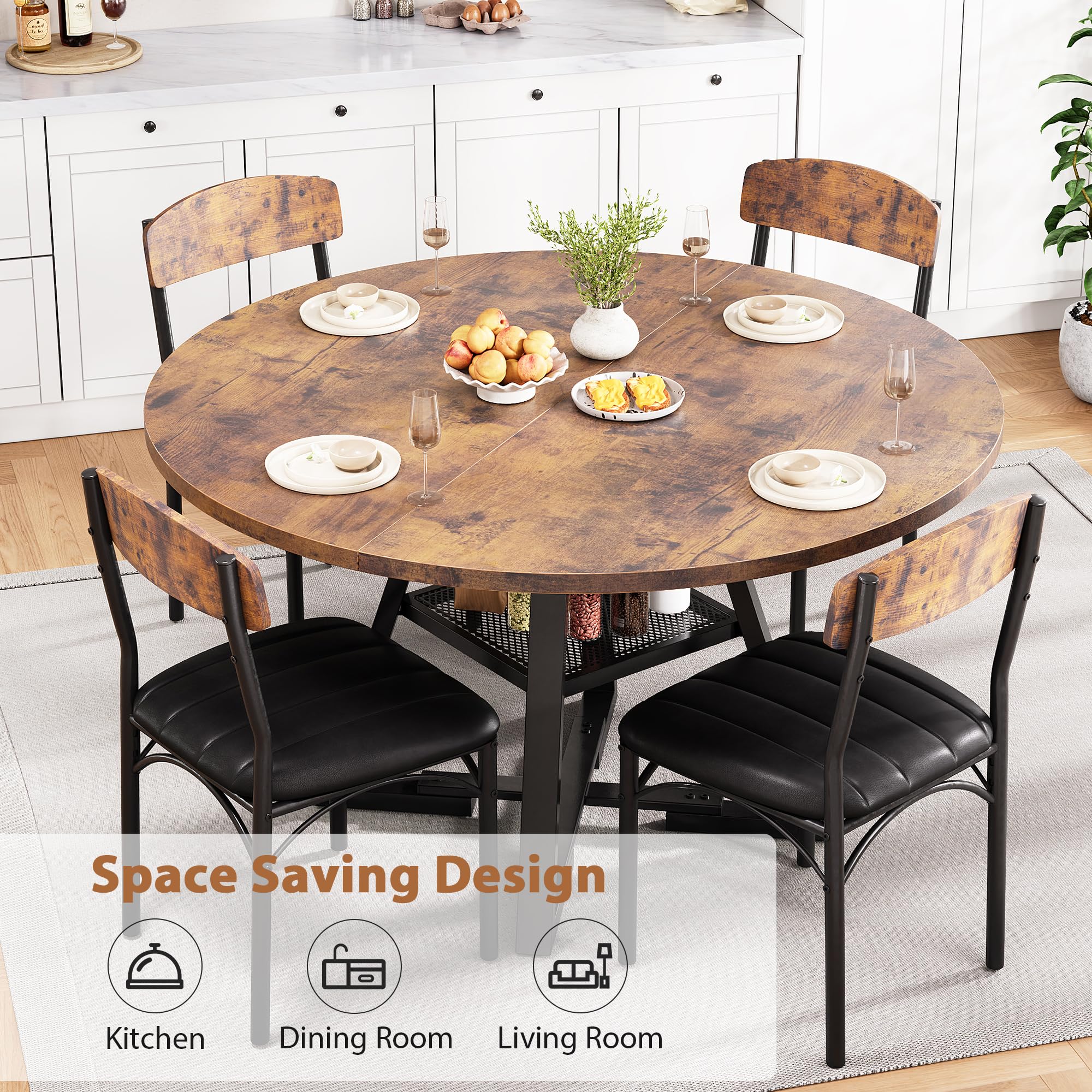 Jocoevol Runder Esstisch und 4 Esszimmerstühle Set, Essgruppe 5-Teilig, Esszimmertisch mit Ablage und 4 stühle für Küche, Wohnzimmer, Balkon, Restaurant, Büro (Vintage Braun, 120x120x76cm)
