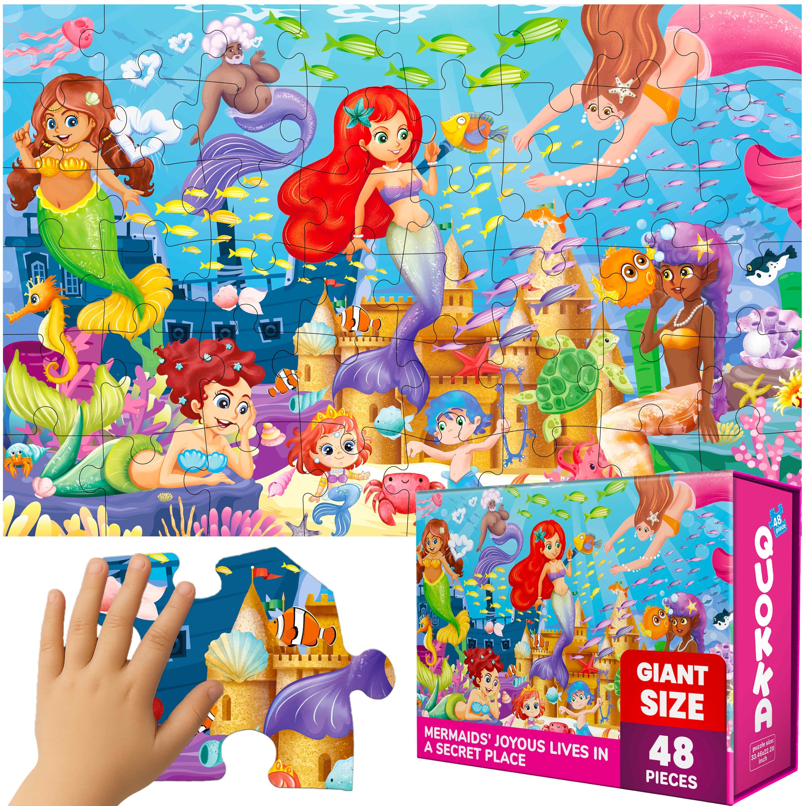 QUOKKA Giant Floor Puzzles for Kids Ages 4-6 - 2x3 Feet Extra-Thick 48 Pieces Toddler Puzzle Ages 3-5 – Mermaid Educational Activity for Boys Girls –