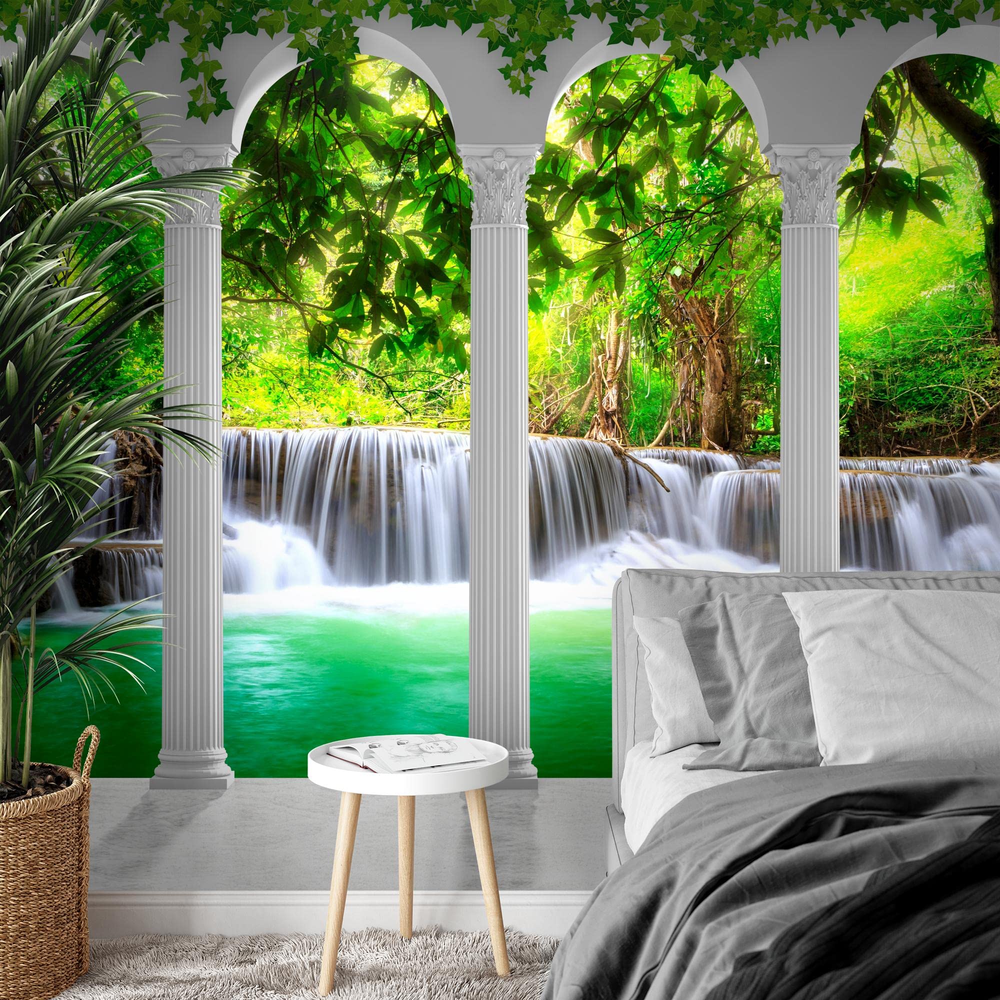 Runa Art Papel tapiz fotográfico columnas paisaje de cascada 352 x 250 cm Lana Fondo De Pantalla XXL Moderna Decoración De Pared Sala Cuarto Oficina Salón verde 9030011b