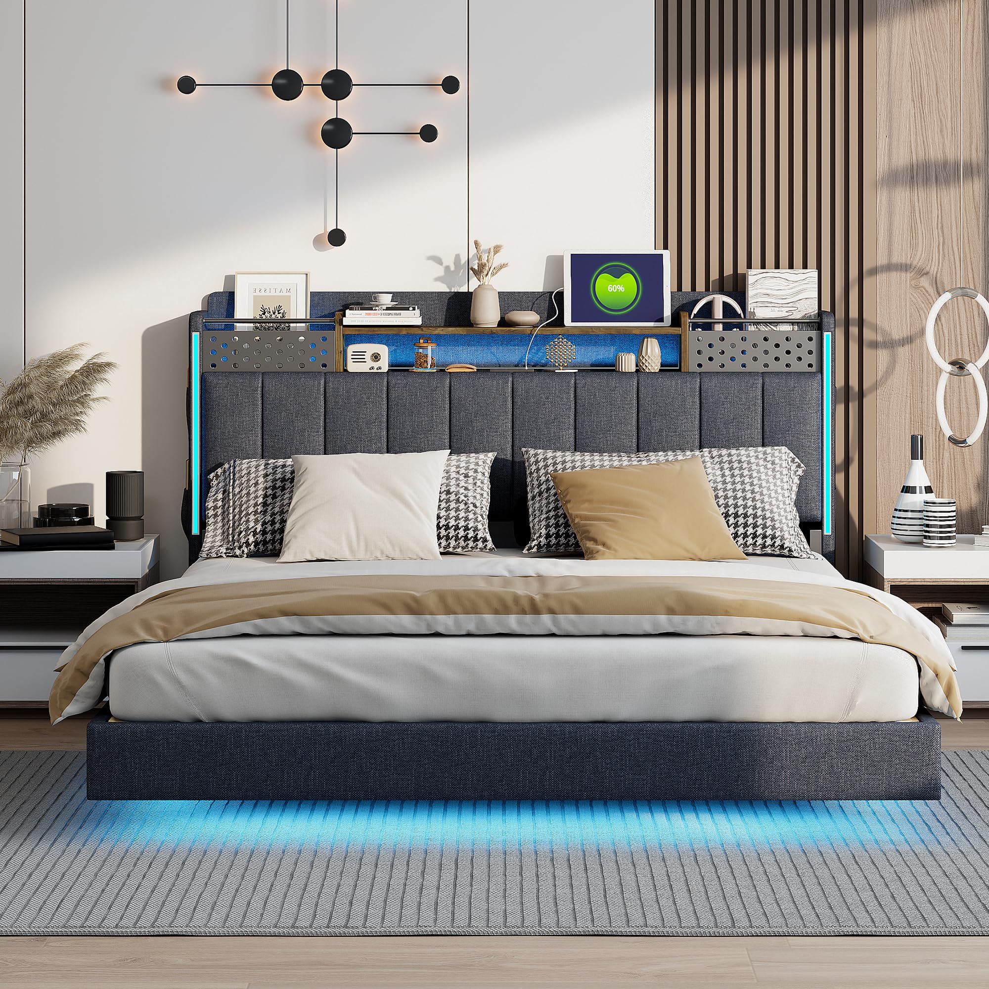 letto imbottito testiera con contenitore letto galleggiante con illuminazione LED e presa USB per adulti tessuto lino letti matrimoniale con rete doghe per ospiti senza materasso grigio 160x200