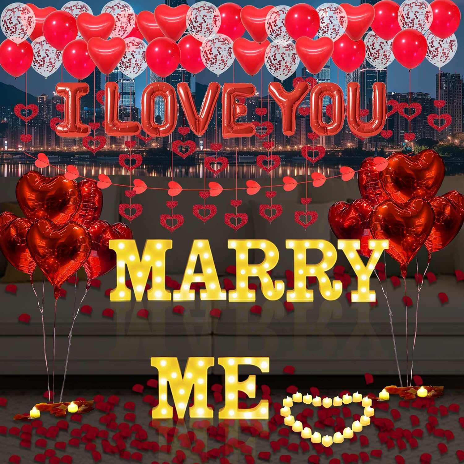 Marry Me Light Up Letters Proposal Decorations, 7Pcs 8.5" Marry Me Sign, 24Pcs Flameless Candles 2000Pcs Red Fake Rose Petals 8Pcs I Love You Letter Balloons 55Pcs Latex Heart Balloon Valentine's Day