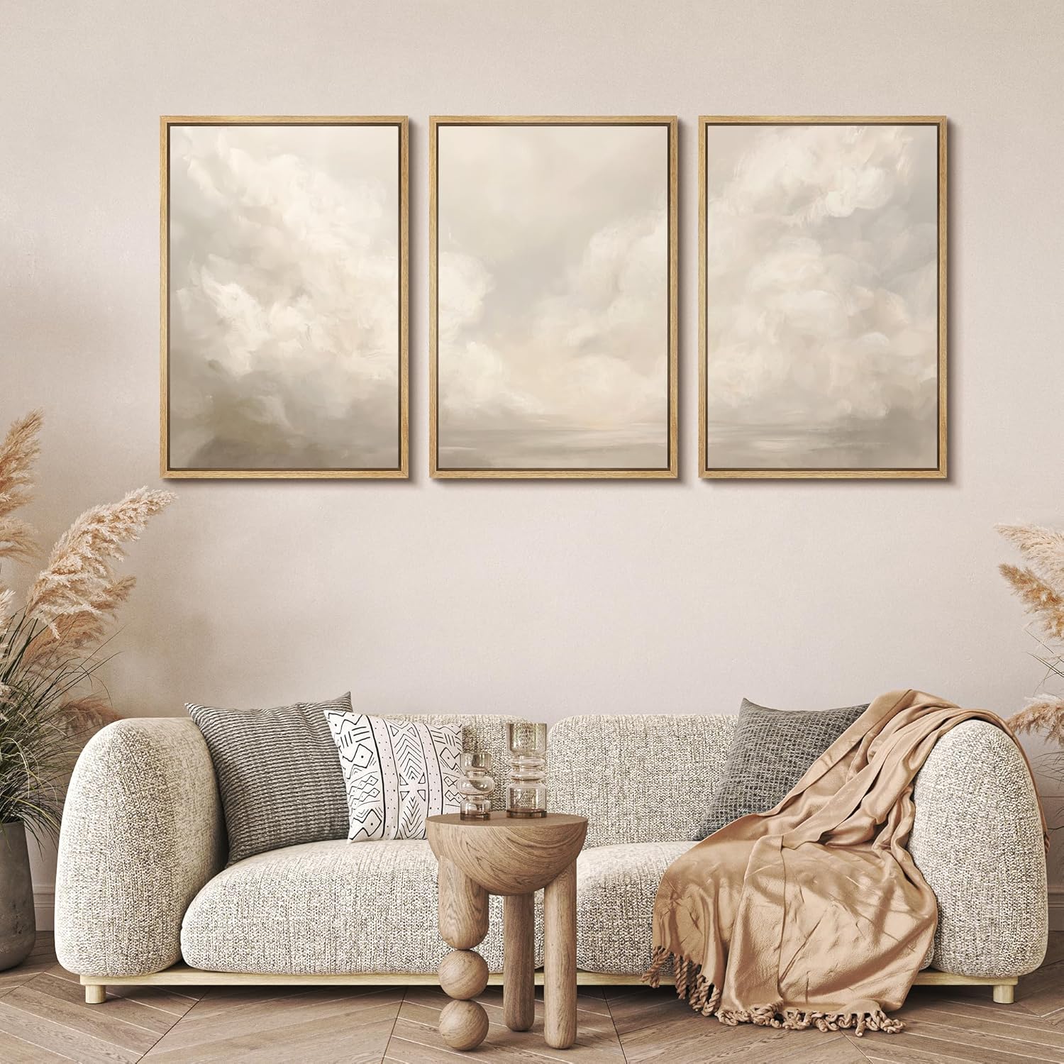 MUDECOR Framed Wall Art Print Set Neutral Cloudscape Soft Beige Abstract Sky Illustrations Modern Art Boho Decorative Colorful Chic for Living Room, Bedroom, Office - 16"x24"x3 Natural