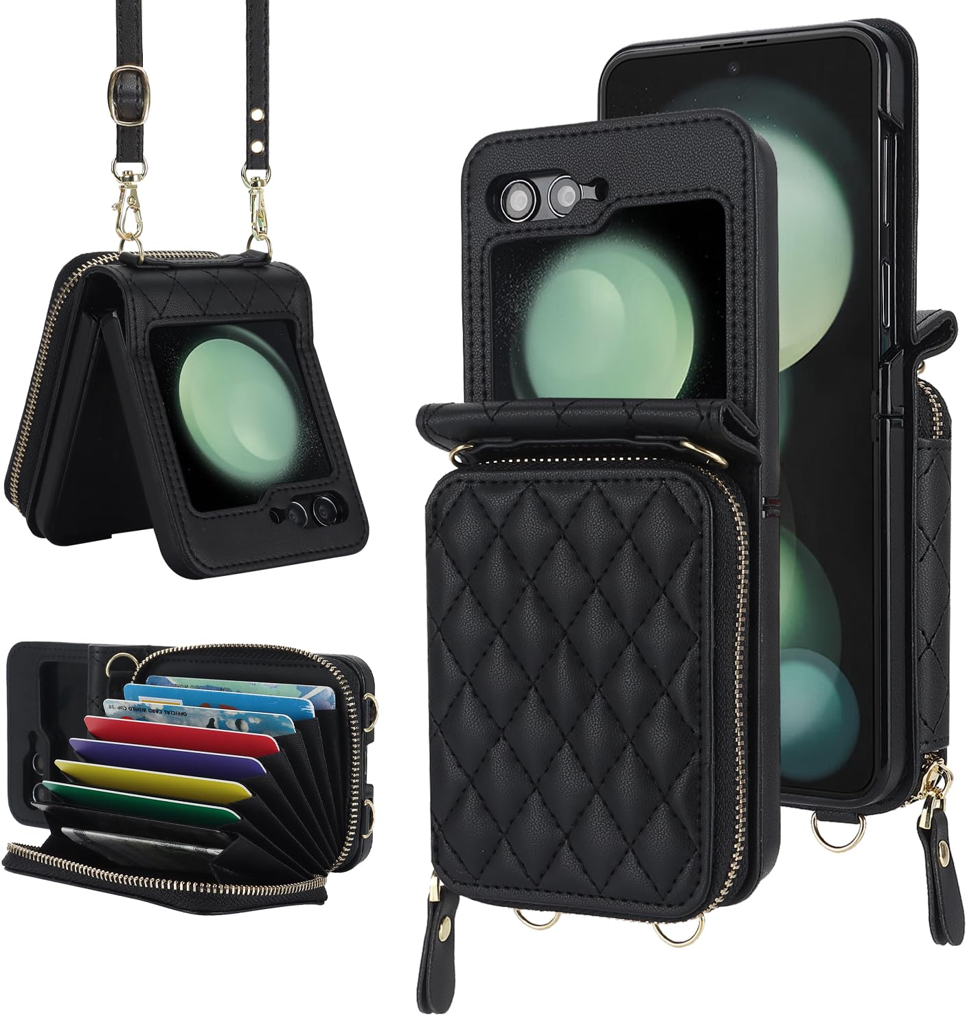 NINKI Compatible Samsung Galaxy Z Flip 6 Case Wallet with Card Holder,Shockproof Leather Detachable Crossbody Lanyard Case for Samsung Z Flip 6 Wallet Case Purse,Galaxy Z Flip 6 Case for Women Black Black Samsung Galaxy Z Flip 6 Case