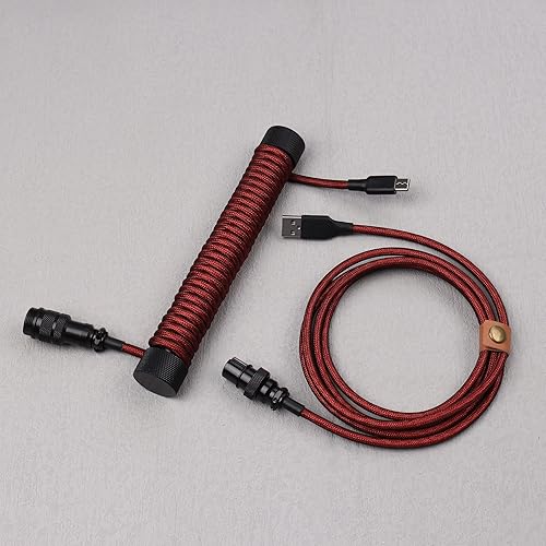 Cable en espiral de doble manga, devanadera de varilla fija, conector de aviador desmontable, cable USB-C para teclado mecánico (color negro y rojo) Cable en espiral de doble manga, devanadera de varilla fija, conector de aviador desmontable, cable USB-C para teclado mecánico (color negro y rojo)