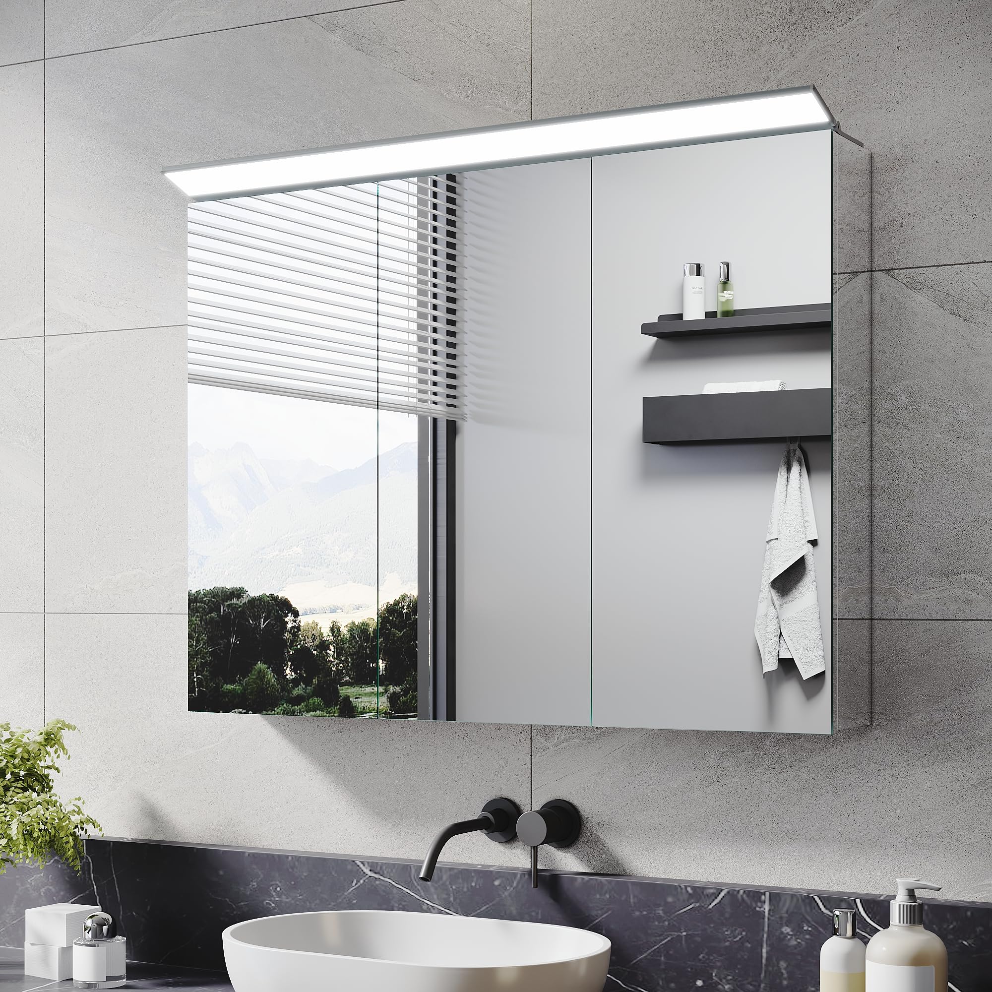 ELEGANT Bathroom Mirror Cabinet with LED Makeup Light, 800 x 600 mm Fully Assembled Stainless Steel Storage Cupboard, Modern Triple Door Wall Mounted Bathroom Cabinets with Mirror