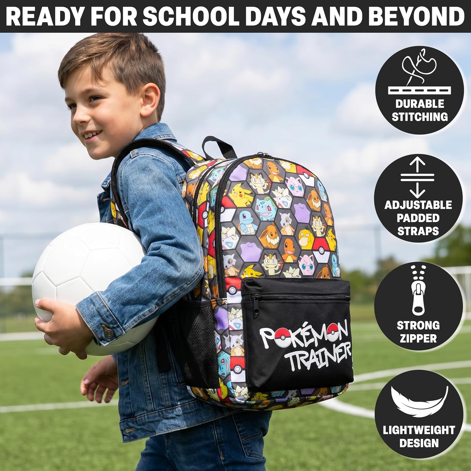 Get Trend Pokemon Kids Backpack for Boys, Anime 18in Book Bag Adjustable Padded Straps Travel School Bag, Gamers Gifts (Black/Multi Pokemon)