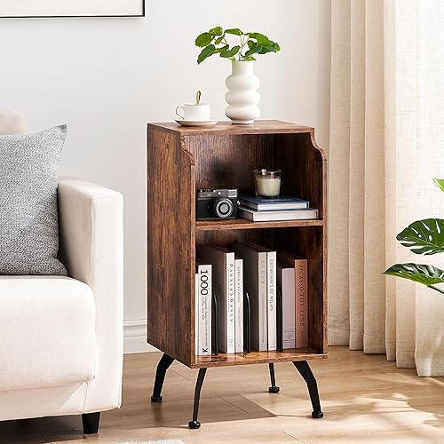 GAOMON Mesa auxiliar con espacio de almacenamiento de 3 niveles, mesa auxiliar vintage con borde curvado y 4 patas de metal sólido para sala de