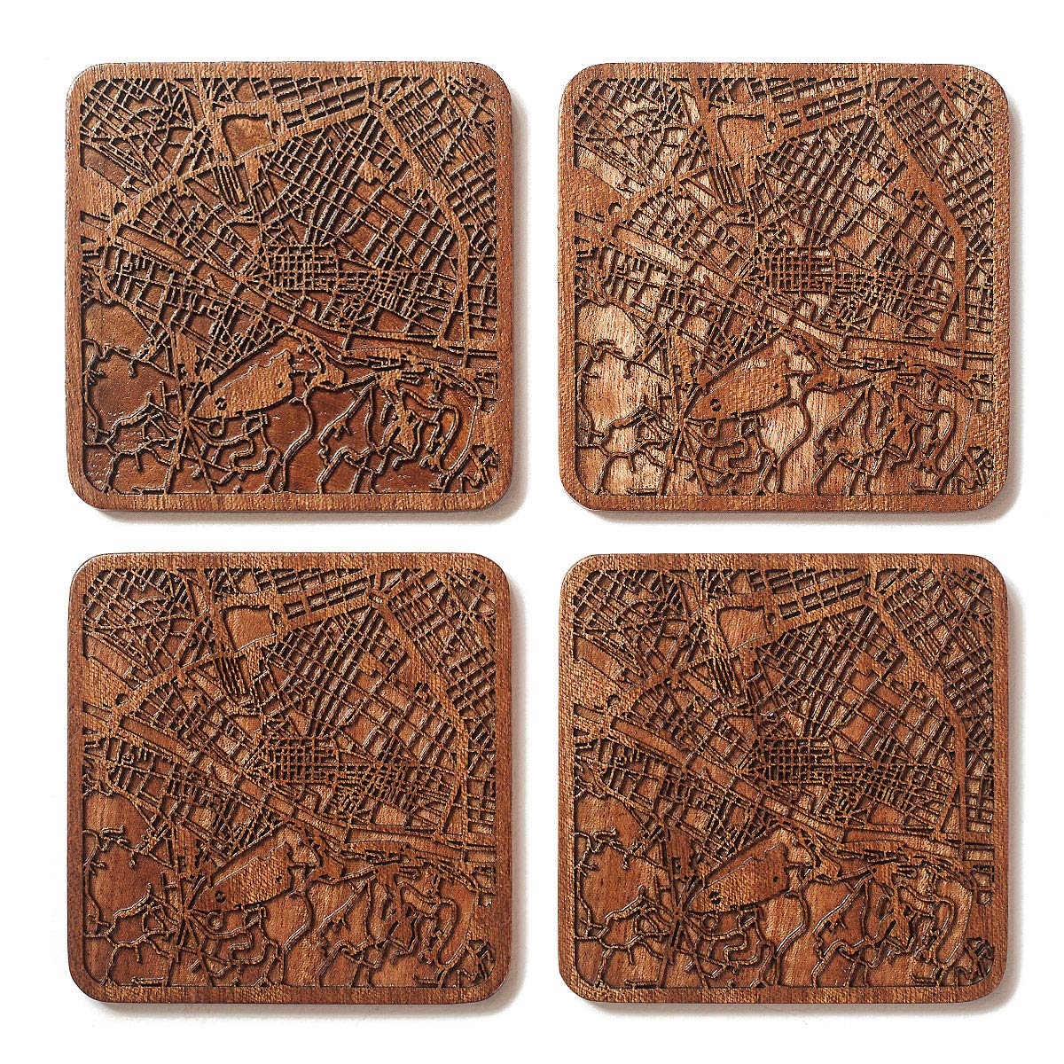 Firenze Map Coaster, Set of 4, Sapele Wooden Coaster with City map, Multiple City Optional, Handmade — image 1