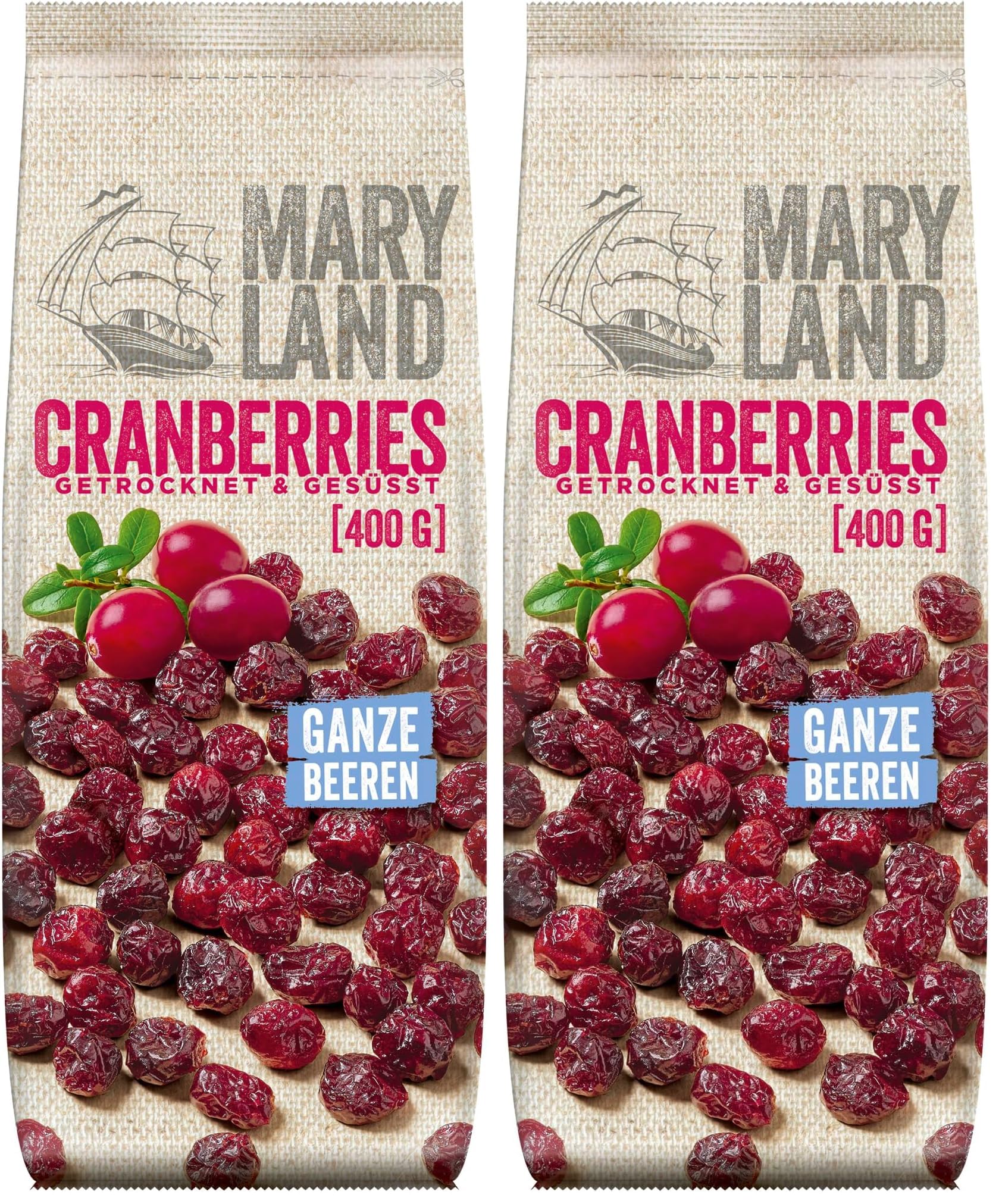 Maryland Cranberries (ganze) 400g Vorratspackung – Getrocknete Cranberries – Perfekt zum Backen oder Snacken (1 x 400g) (Packung mit 2)