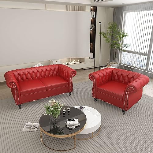 QHITTY 2 Piece Living Room Set, Sectional Chesterfield Sofa Chair Contemporary Upholstered Leather Loveseat Couch Sets for Living Room, Bedroom, Office